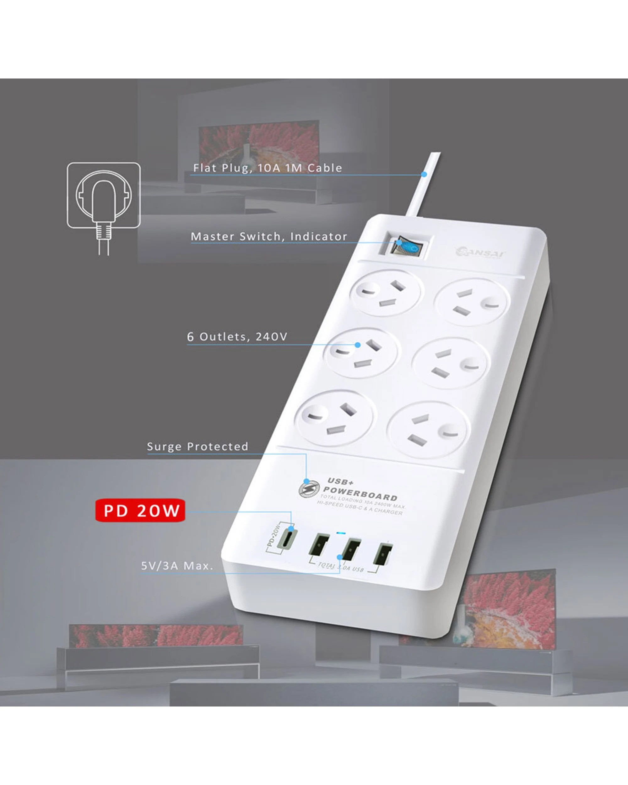 5 Sansai 6 Way Outlet 2400W Surge Protector Power Board USB-A USB-C Charger Ports - White, 5 of 5