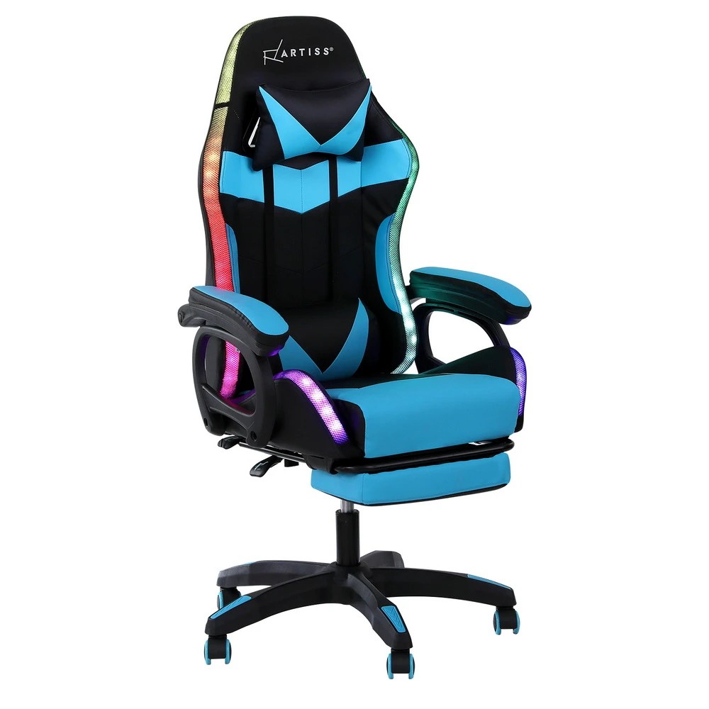 1 Artiss Gaming Office Chair 12 RGB LED Massage Computer Work Seat Footrest Cyan - Multi, 1 of 7