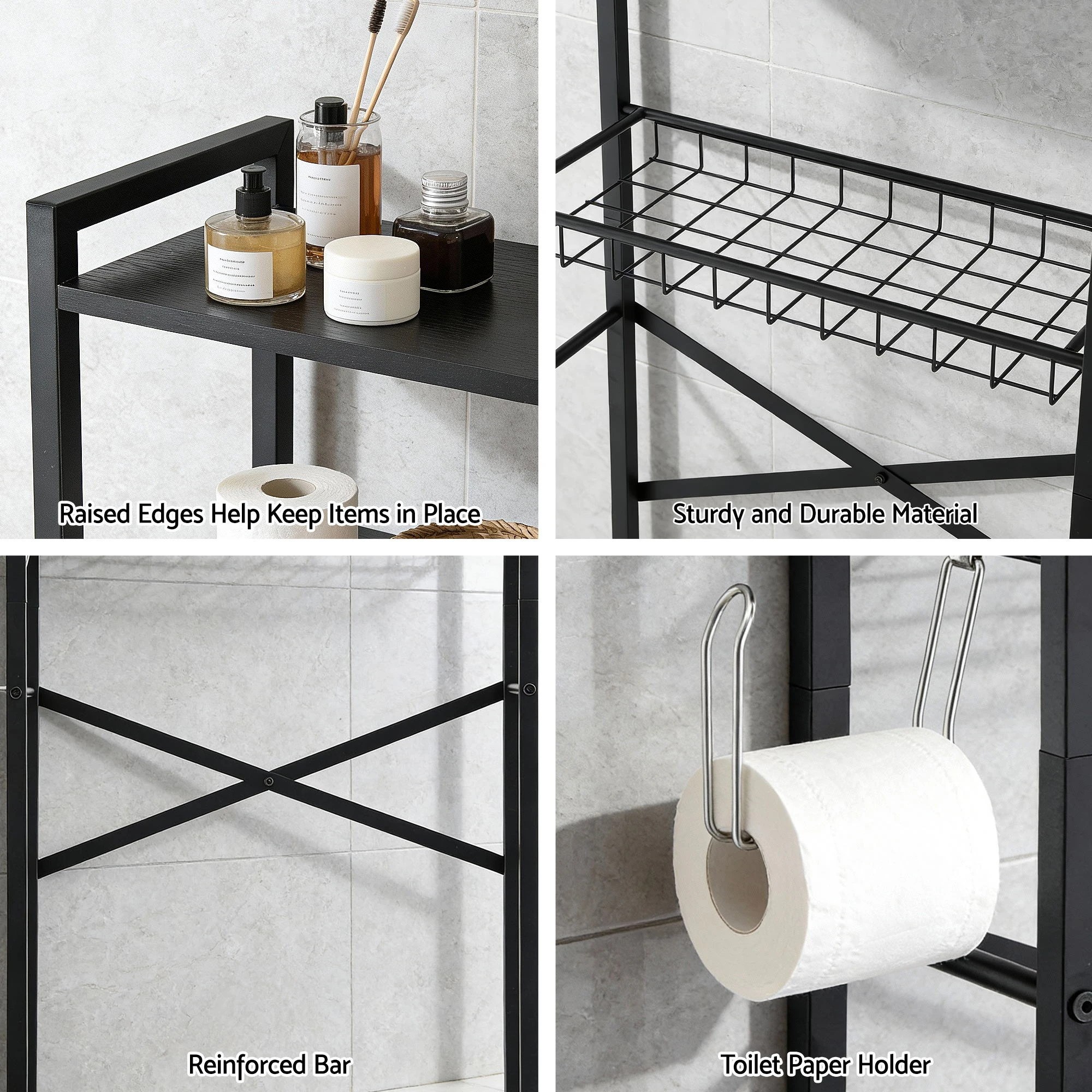 5 Artiss Over Toilet Bathroom Storage Rack Space Saving 4 Tier Organiser - Black, 5 of 6