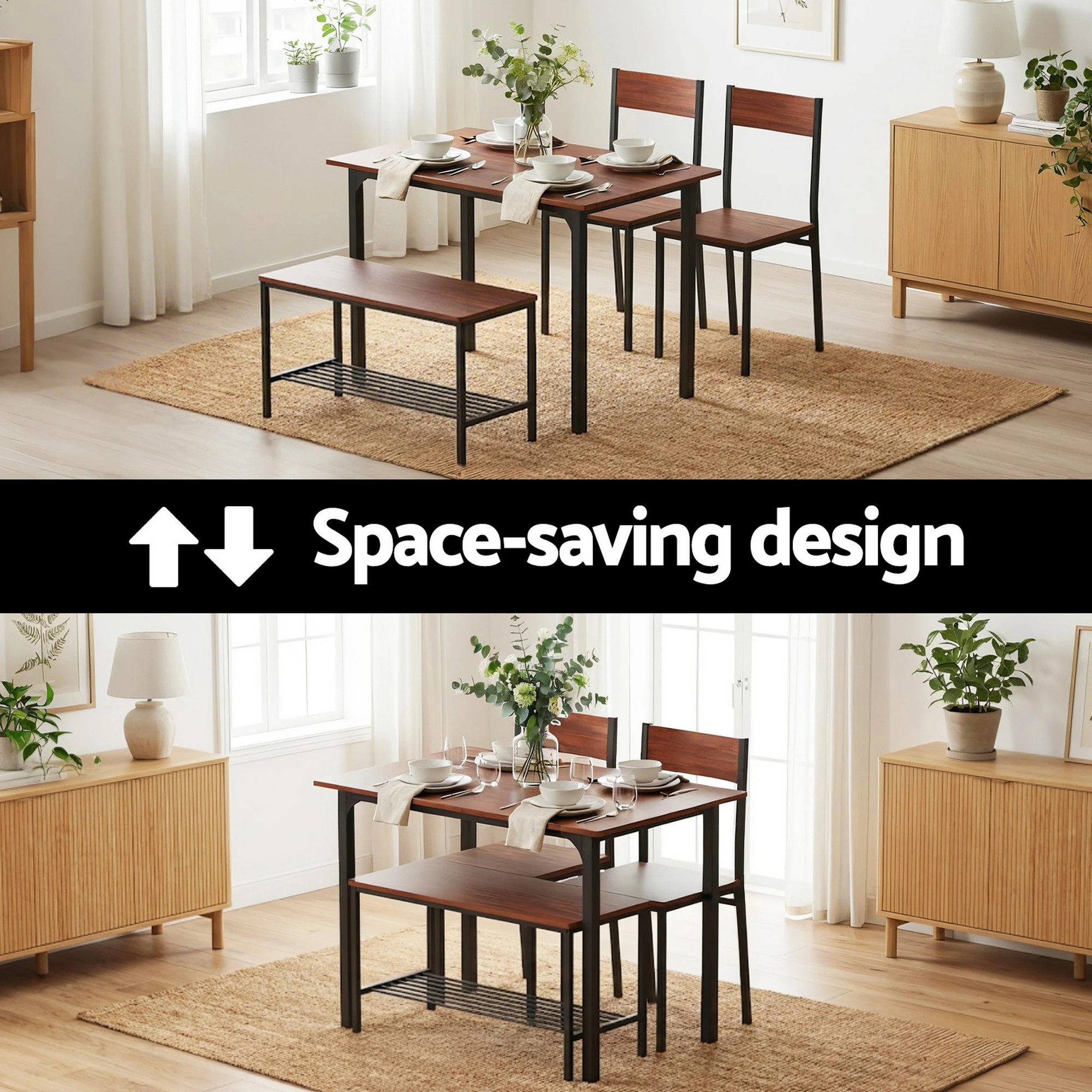 3 Artiss Dining Table and Chairs Set of 4 Storage Bench Kitchen Furniture - Brown, 3 of 6