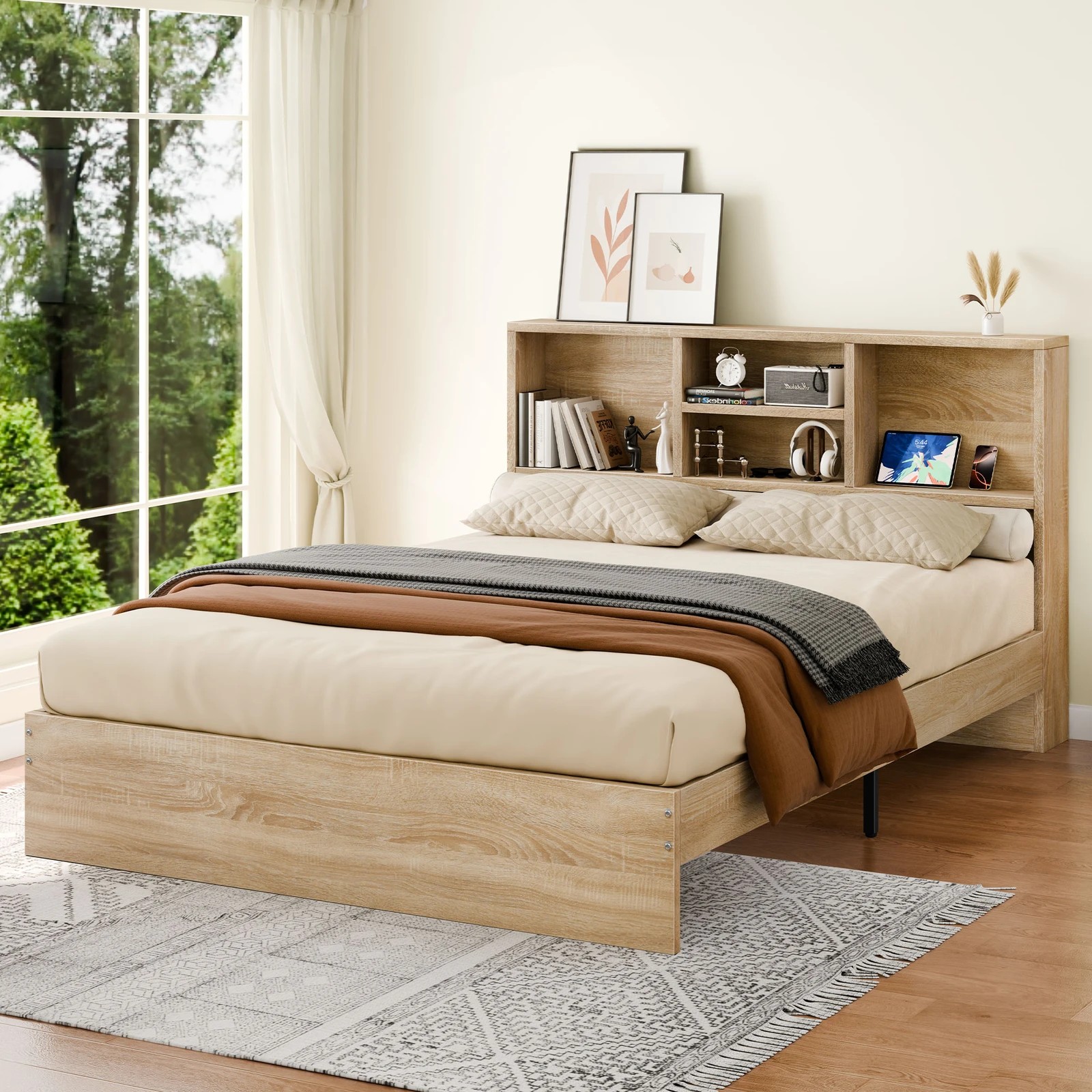 10 Alfordson Wooden Bed Frame Double Size Base with Bookshelf Storage Headboard - Oak, 10 of 10