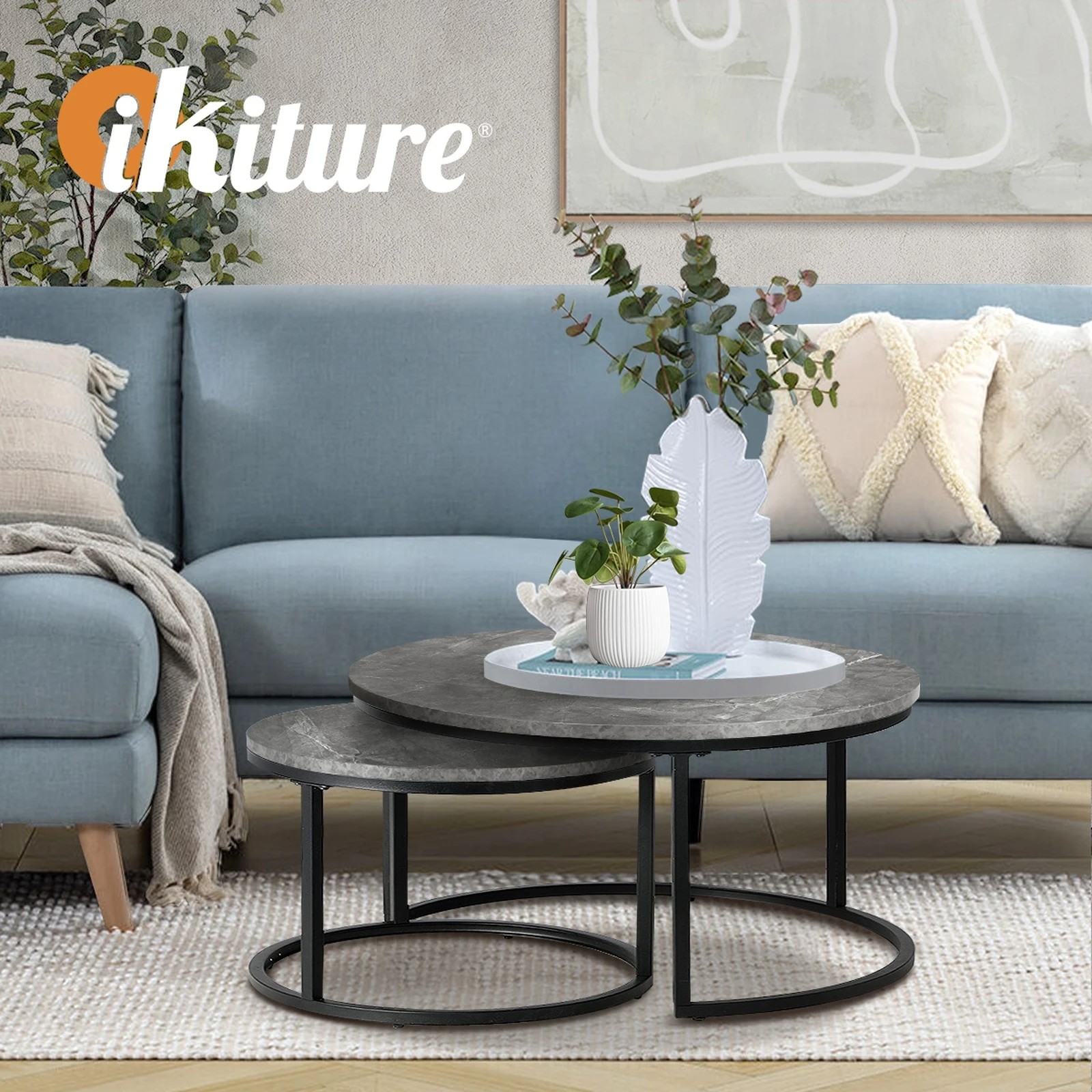 5 Oikiture Set Of 2 Coffee Table Round Marble-like Nesting Side Tables
 - Grey, 5 of 10