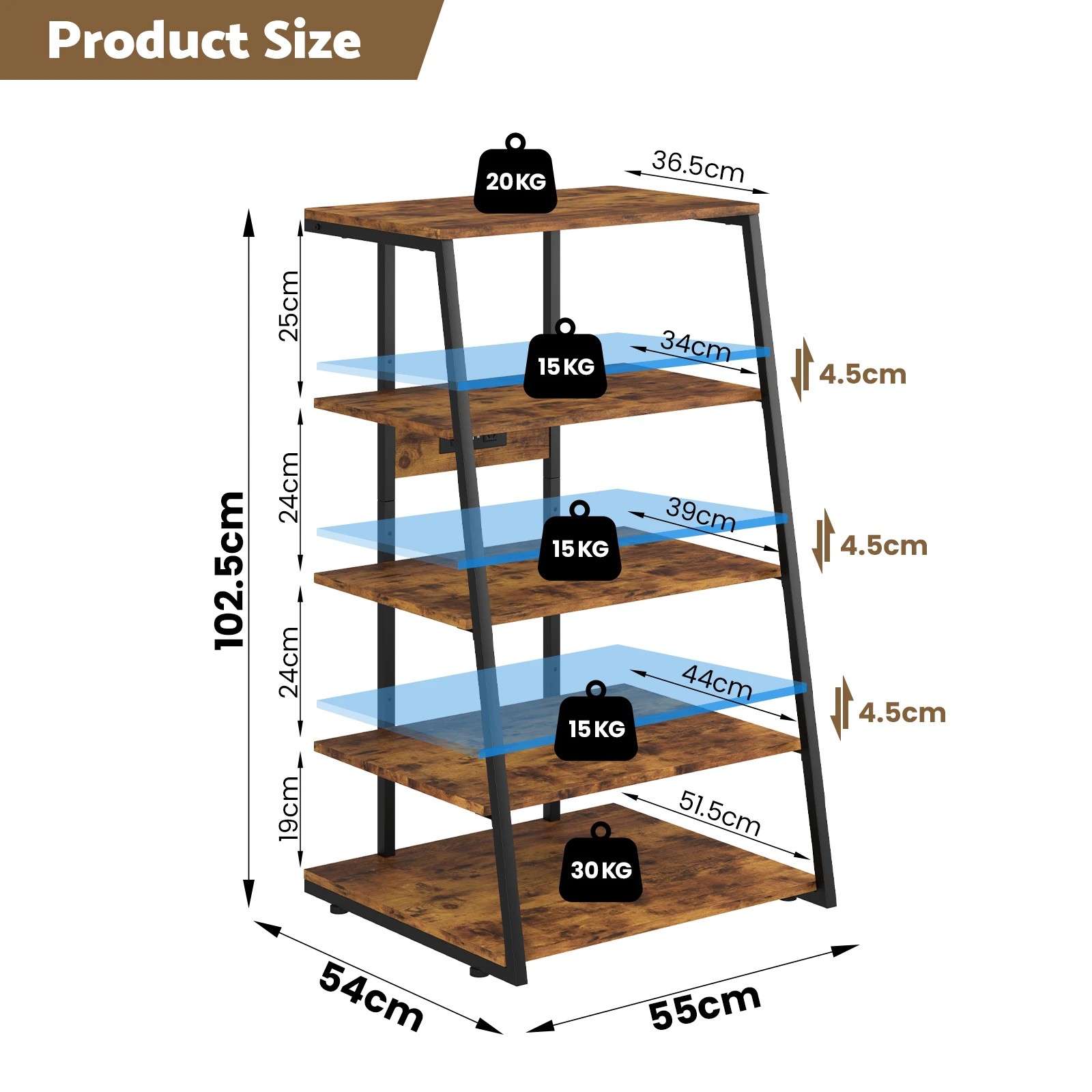 2 Advwin 5-Tier End Table with Charging Station Media Console with LED Lights - Brown, 2 of 7