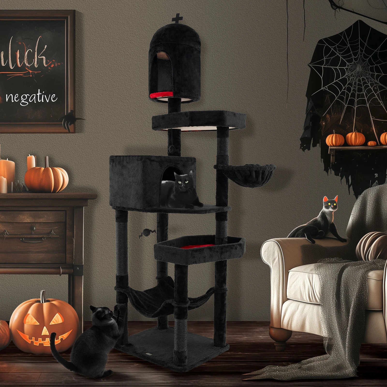 4 Costway Gothic Cat Tree Halloween Extra Large Cat Tower w/Spooky Dangling Balls, 4 of 5