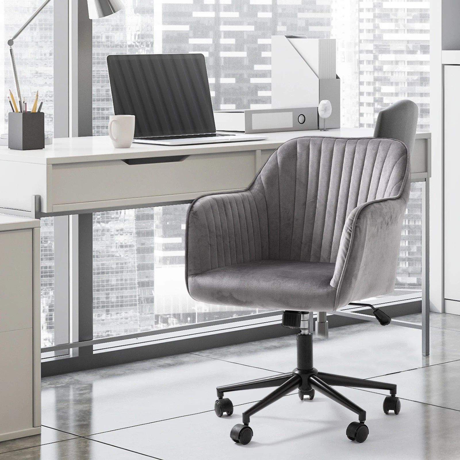 4 Casa Decor Arles Velvet Office Chair Mid Back Swivel Height Adjustable Grey - Grey, 4 of 10