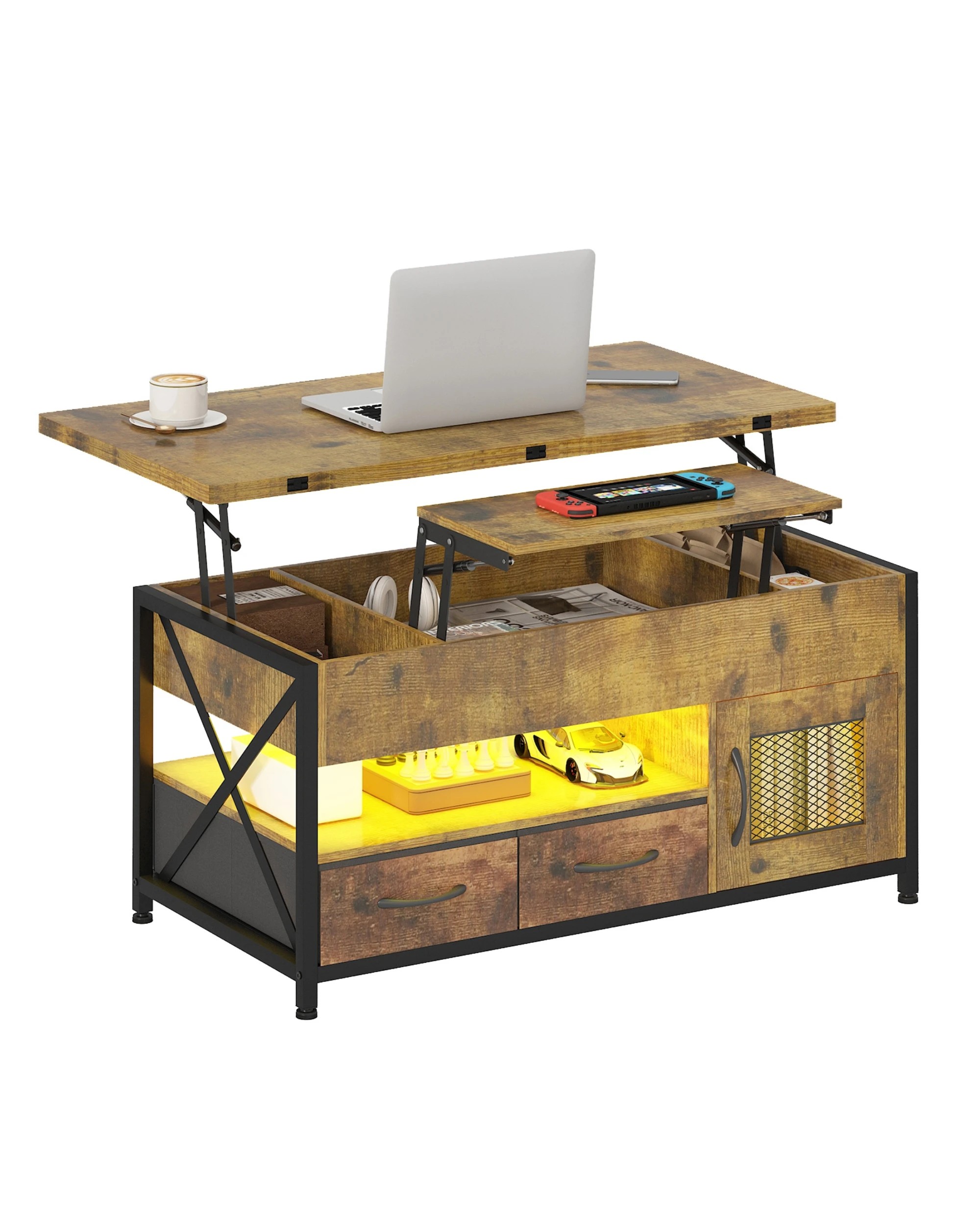 5 Advwin 4-in-1 LED Lift Top Coffee Table w/ Hidden Compartment & Display Shelf Rising Center Table w/ & Drawer & Cabinet, 5 of 10