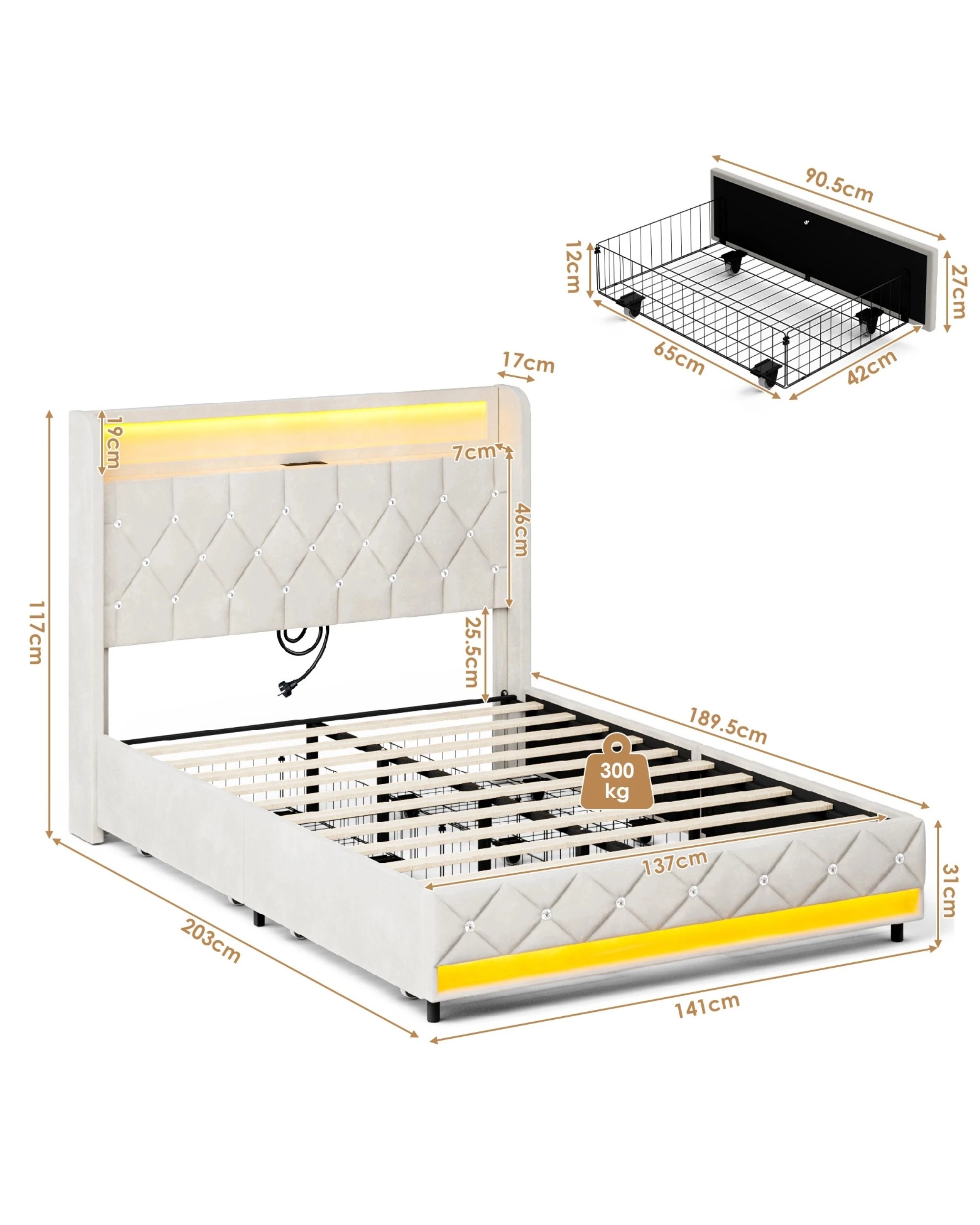 3 Advwin Double LED Bed Frame with Velvet Upholstered Headboard & Charging Station - Beige, 3 of 7