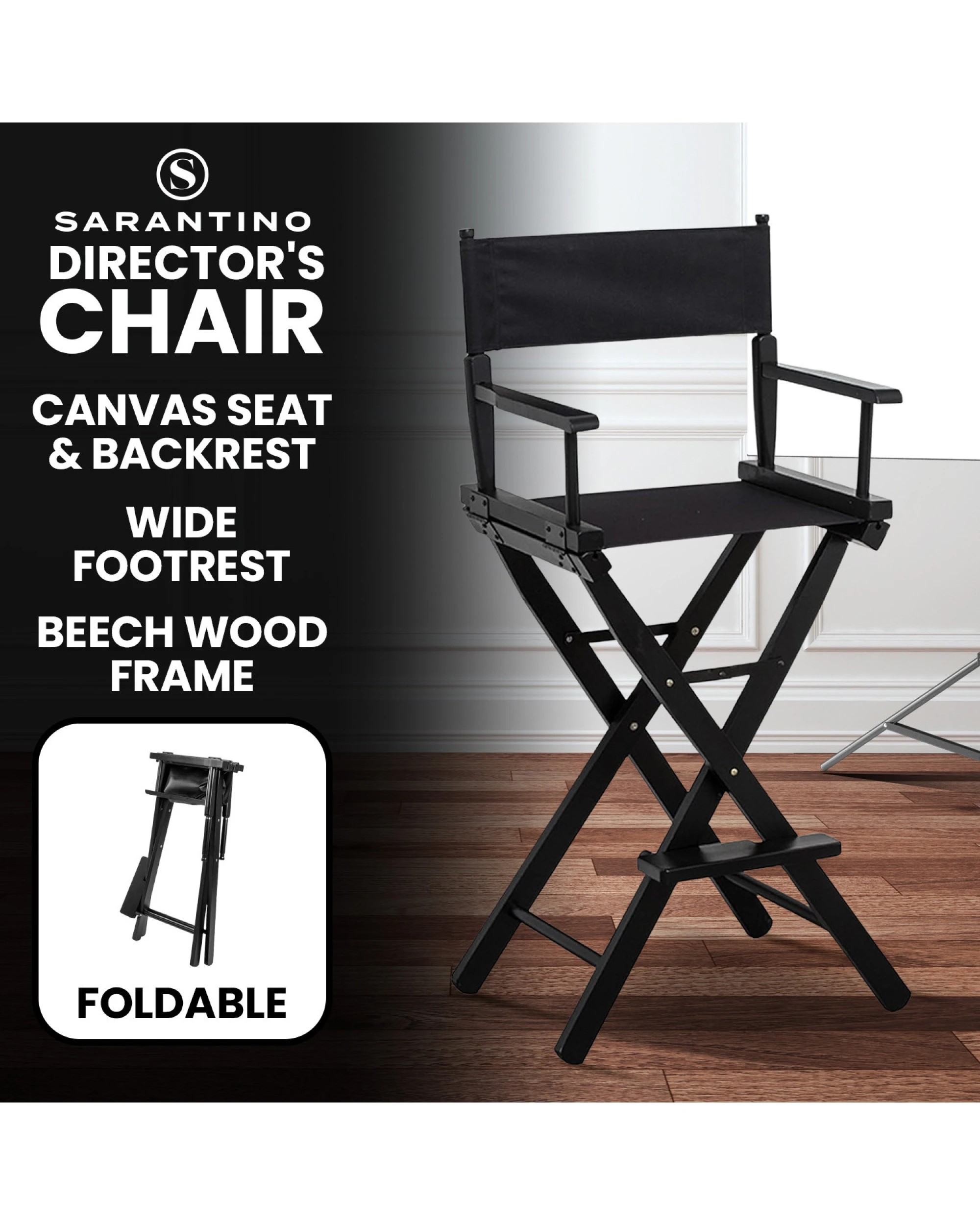8 Sarantino Black Tall Directors Chair Beech Wood Frame With Canvas Seat, 8 of 9