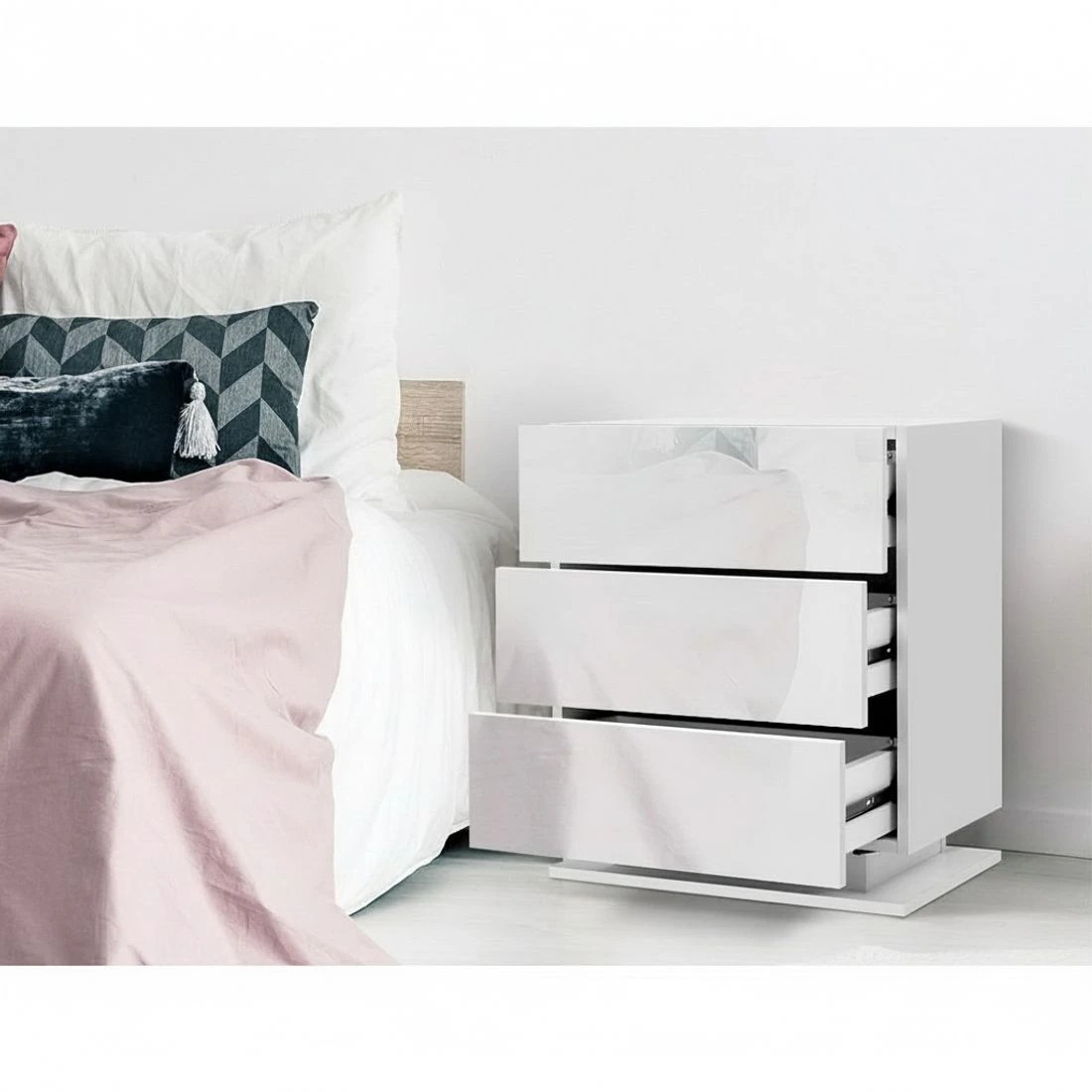 3 Artiss Bedside Table LED 3 Drawers - White, 3 of 5