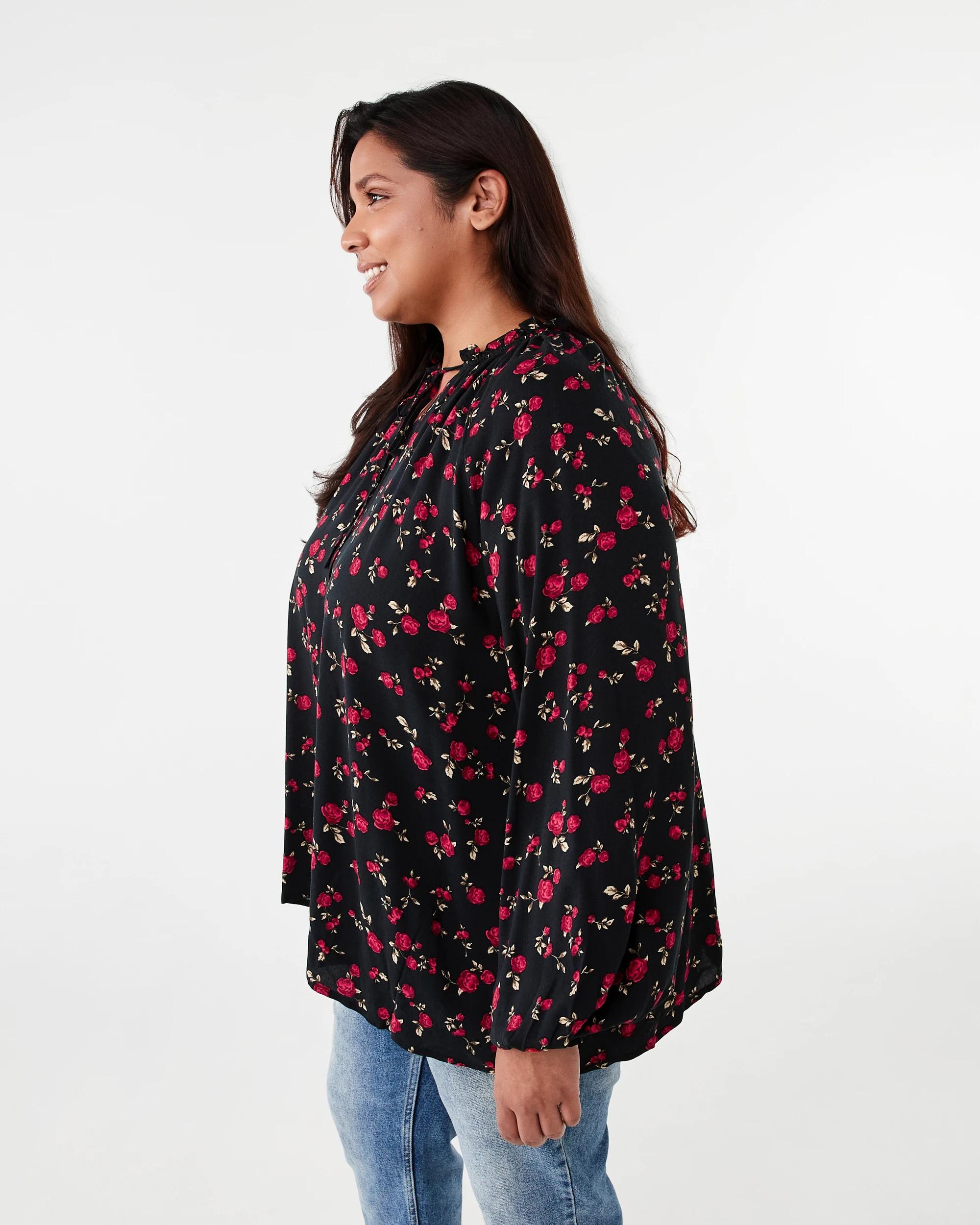 2 Curve Long Sleeve Tie Front Blouse Ditsy Rose, 2 of 6