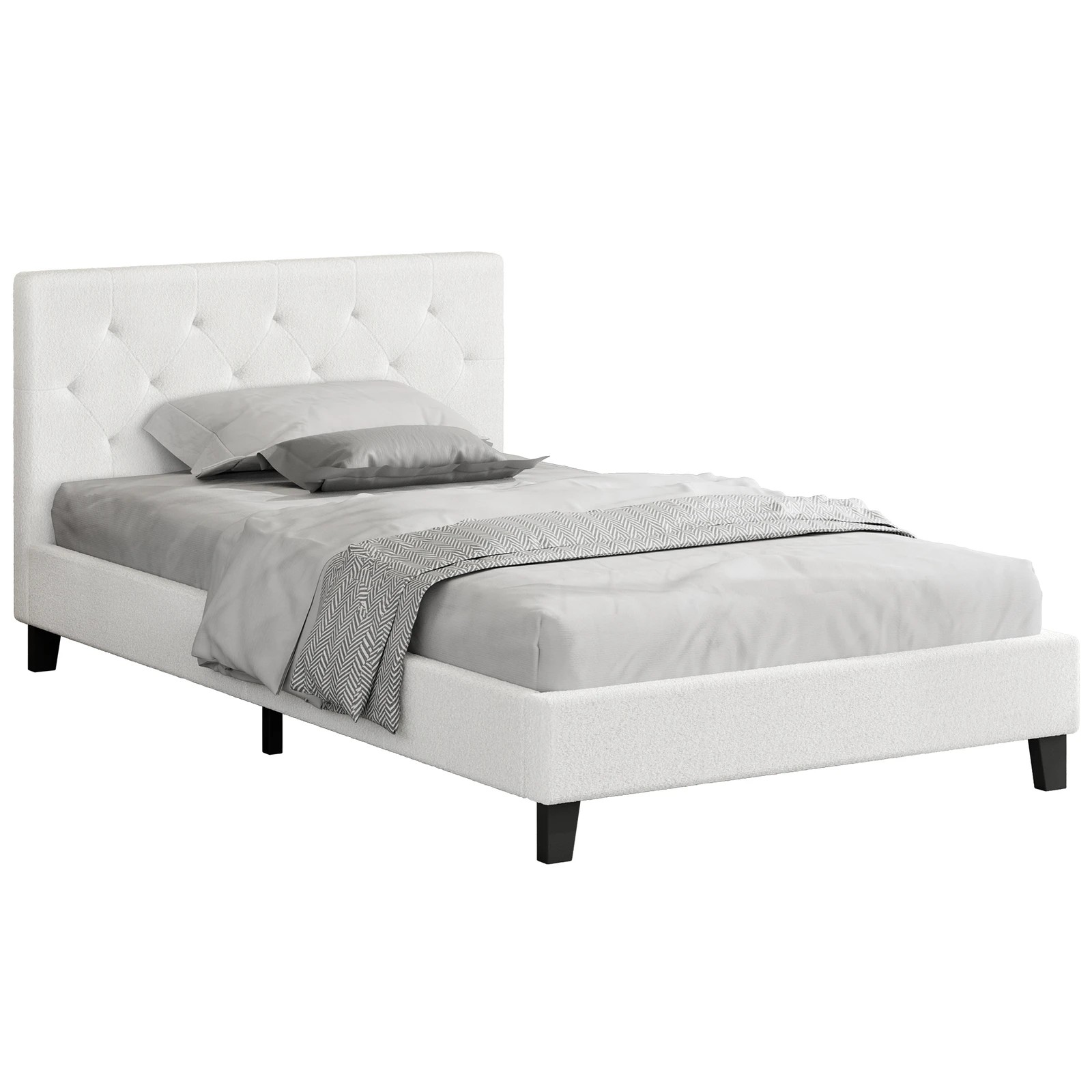 1 Alfordson Bed Frame Single Size Wooden Base Platform Boucle Madelyn - White, 1 of 10