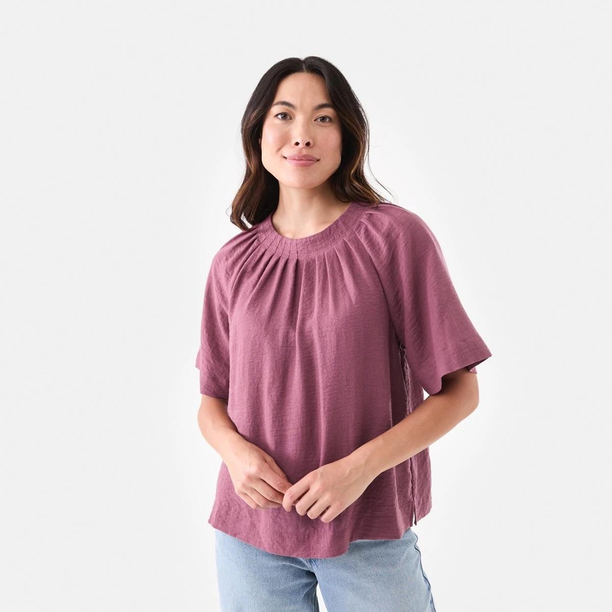 1 Short Sleeve Pleated Tuck Top Berry, 1 of 6
