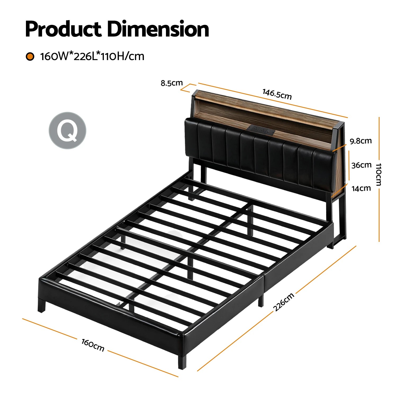 2 Artiss Queen Bed Frame LED Storage Headboard with Charging Station - Black, 2 of 7