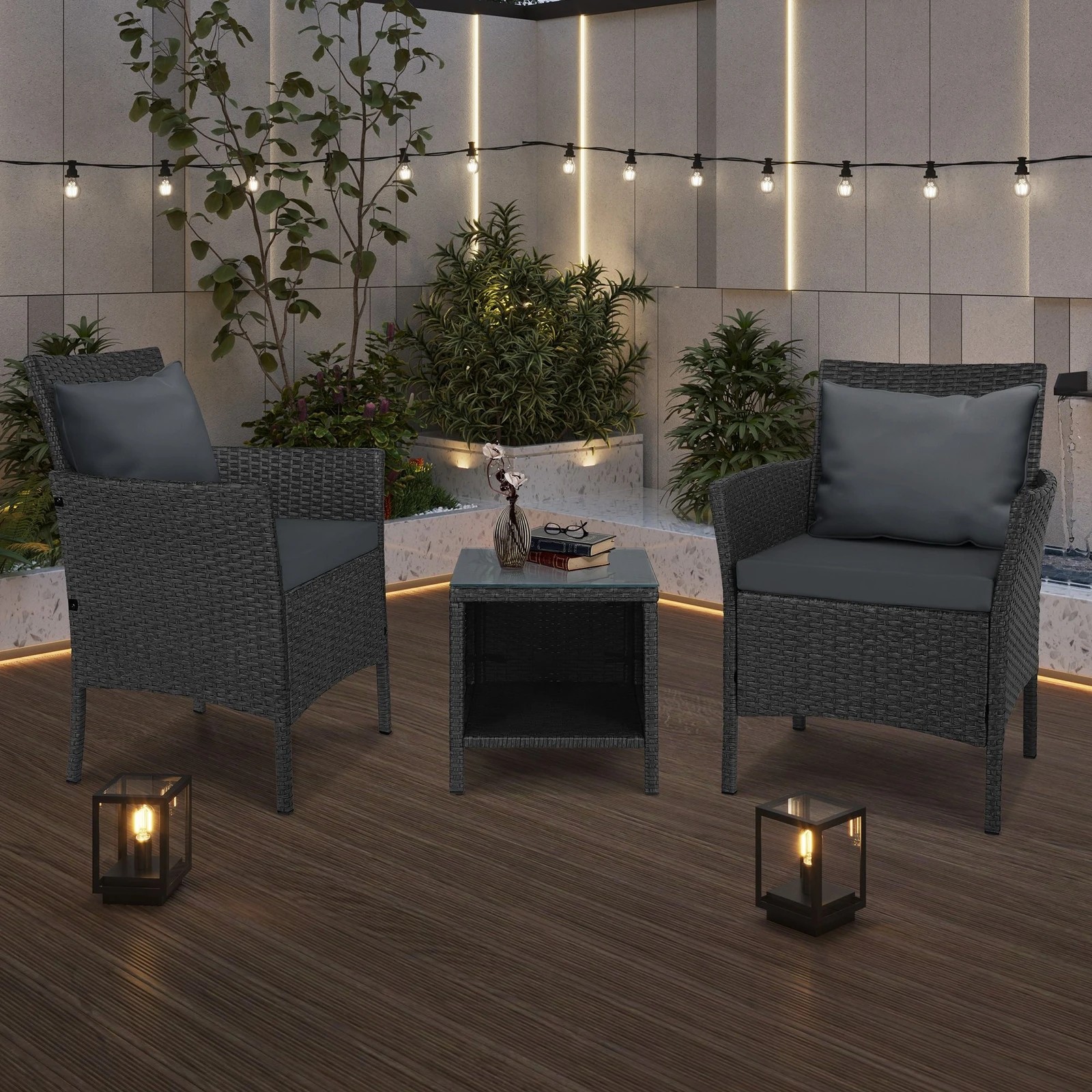 7 Alfordson Outdoor Furniture 3PCS Wicker Bistro Set Patio Chairs Table With Pillow - Dark Grey, 7 of 9