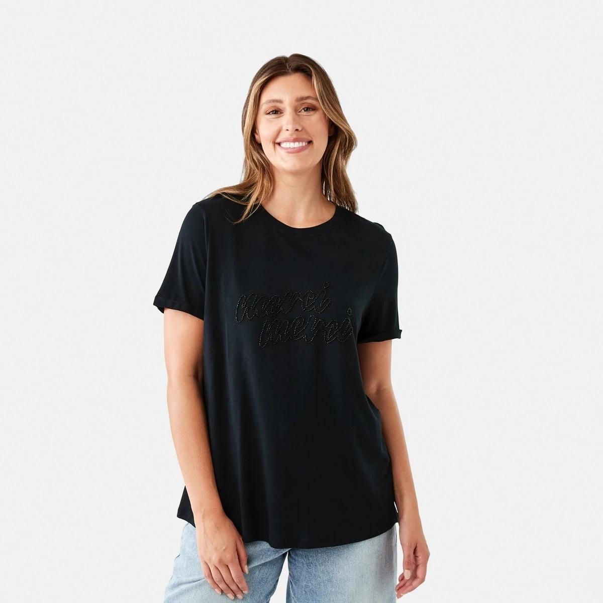 1 Short Sleeve Detailed Printed T-shirt MERCI BLACK, 1 of 6