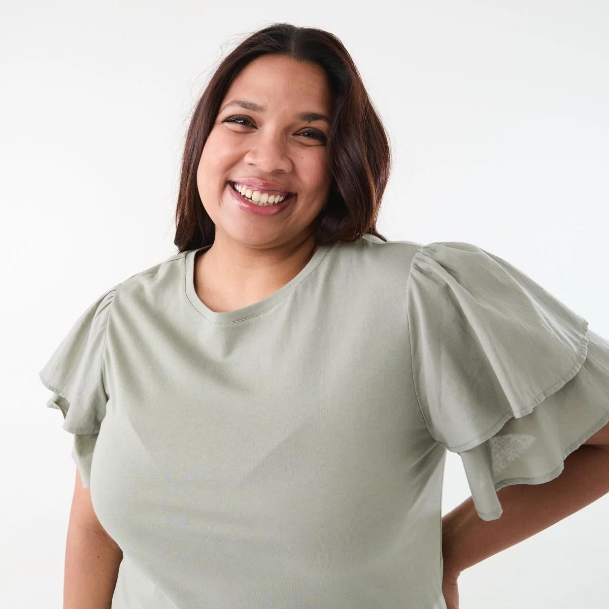4 Curve Short Woven Sleeve Knit Top Soft Khaki, 4 of 6