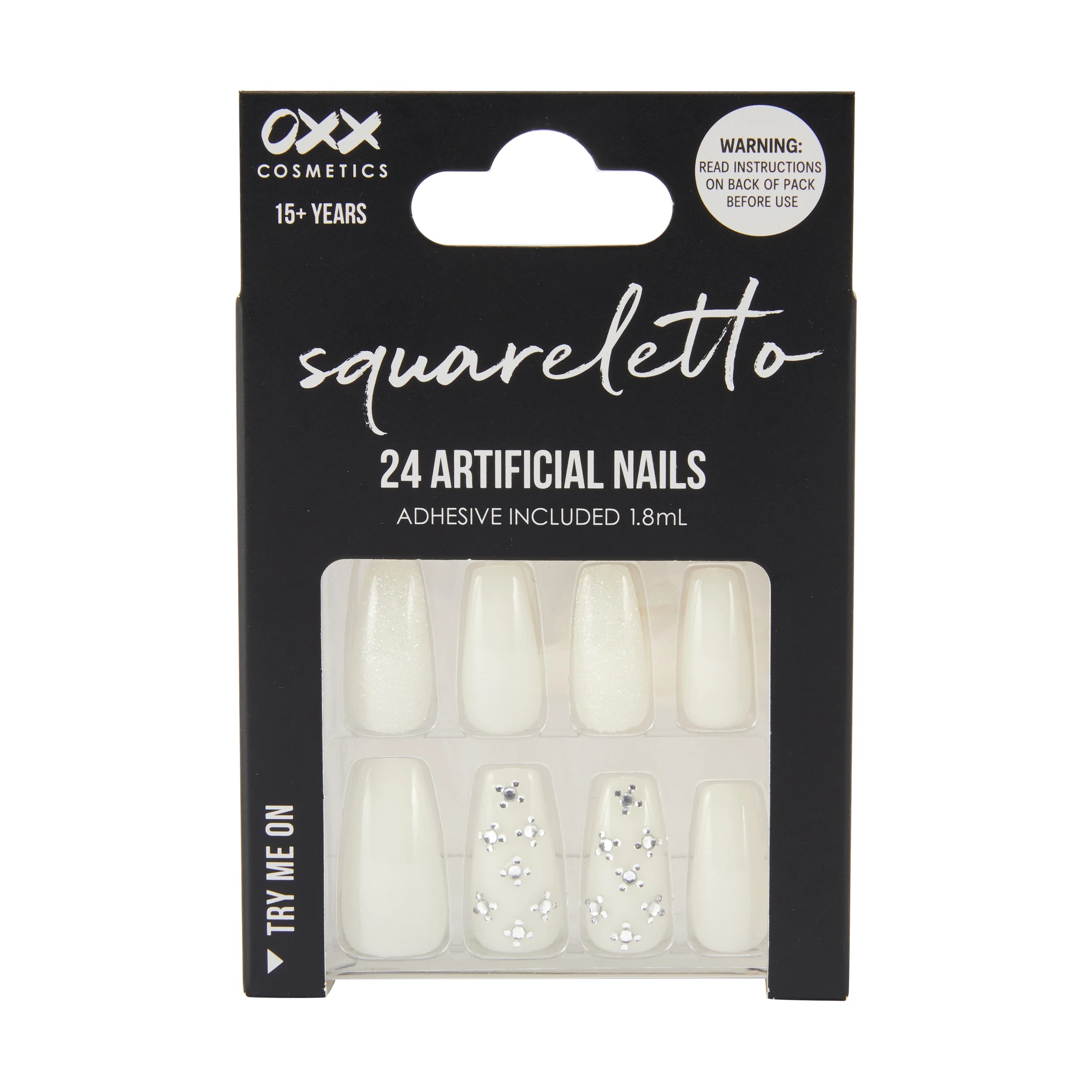 1 OXX Cosmetics 24 Pack Artificial Nails with Adhesive - Squareletto Shape, White Glitter, 1 of 4