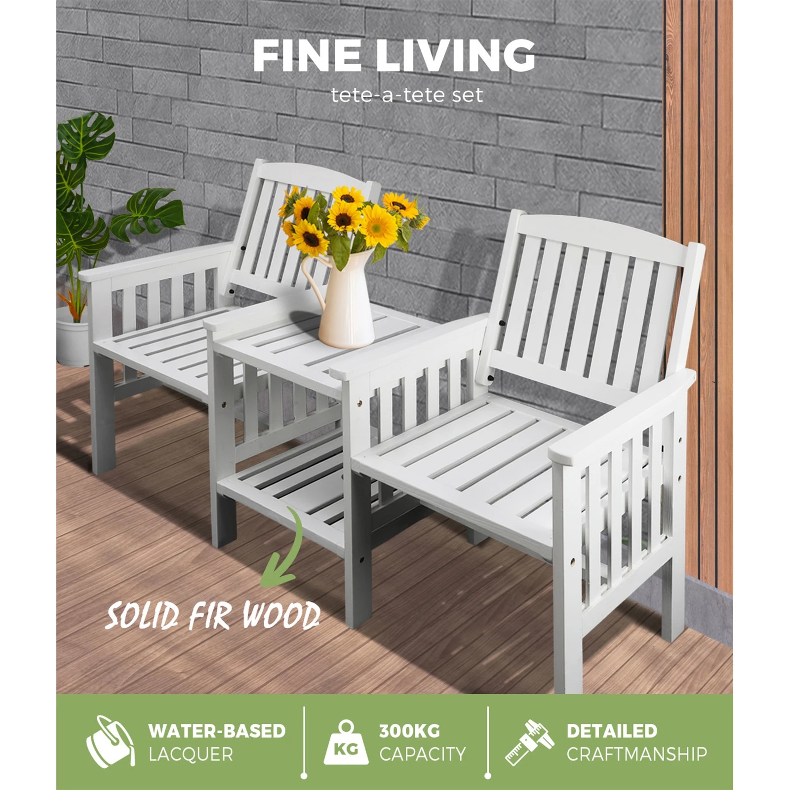 4 Livsip Garden Bench Wooden Outdoor Table & Chair Set - White, 4 of 10