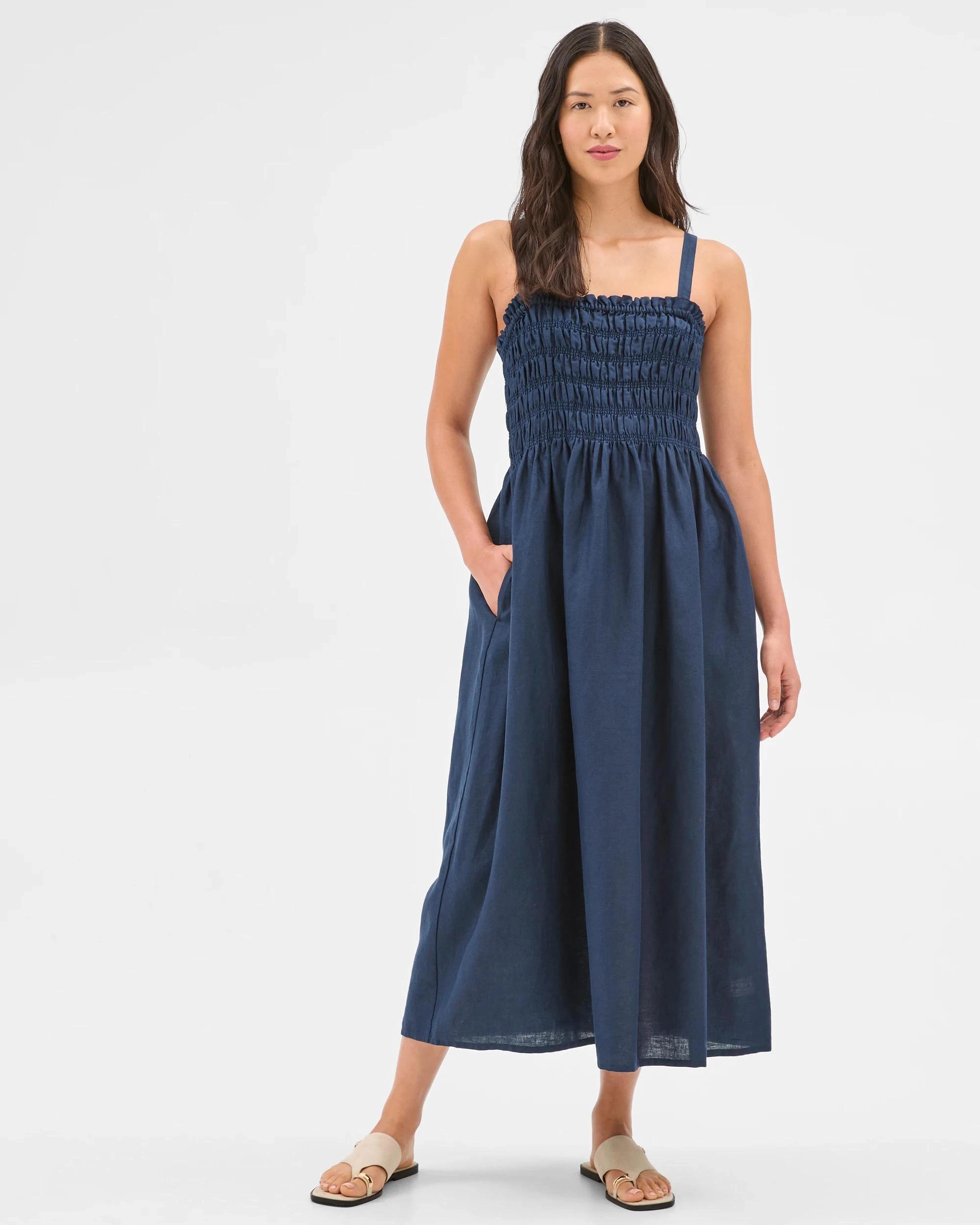 5 Target Woman European Linen Shirred Midi Dress NAVY BLUE, 5 of 6