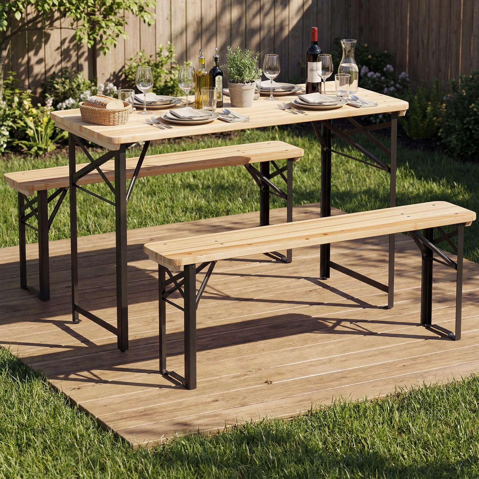 2 Costway 3 PCS Folding Picnic Table Solid Fir Wood Camping Beer Table Set, 2 of 4