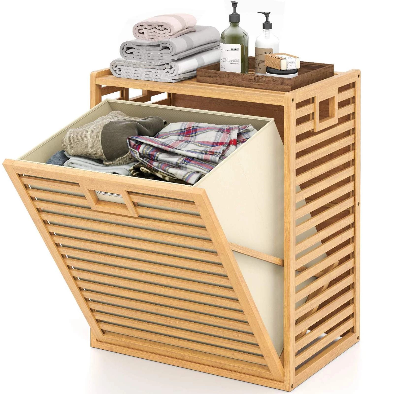 4 Costway 68L Bamboo Laundry Hamper w/Removable Bin Tilt-Out Design, 4 of 4