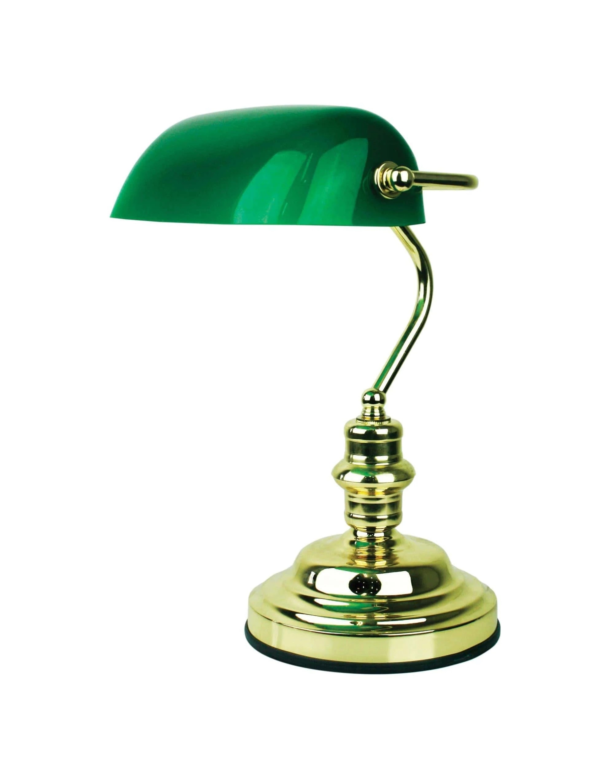 1 Oriel Lighting Bankers Switched Brass Plated With Glass Shade - Green, 1 of 2