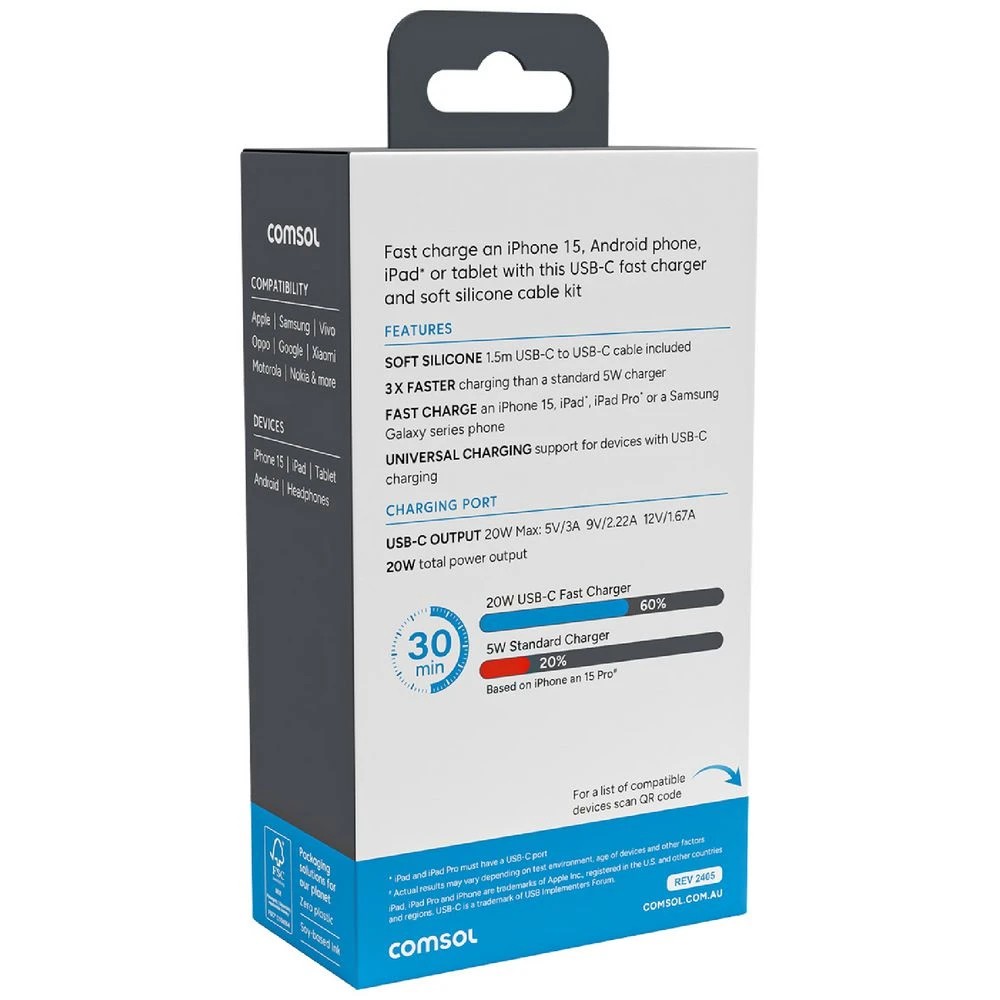 3 Comsol USB-C Wall Charger 20W with 1.5m Cable White, 3 of 5