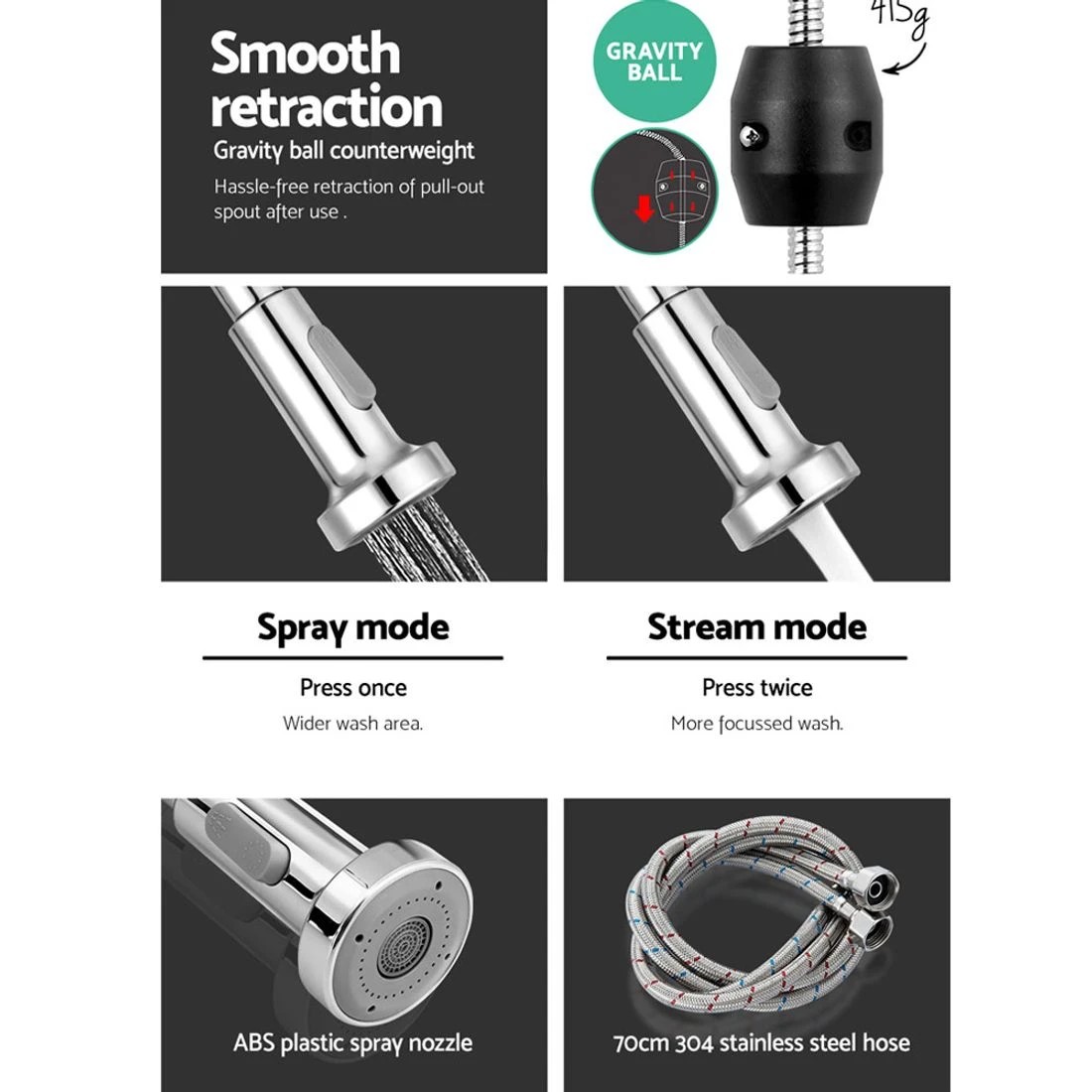 4 Cefito Kitchen Mixer Tap Pull Down 2 Modes Sink Faucet Basin Laundry Chrome - Silver, 4 of 4