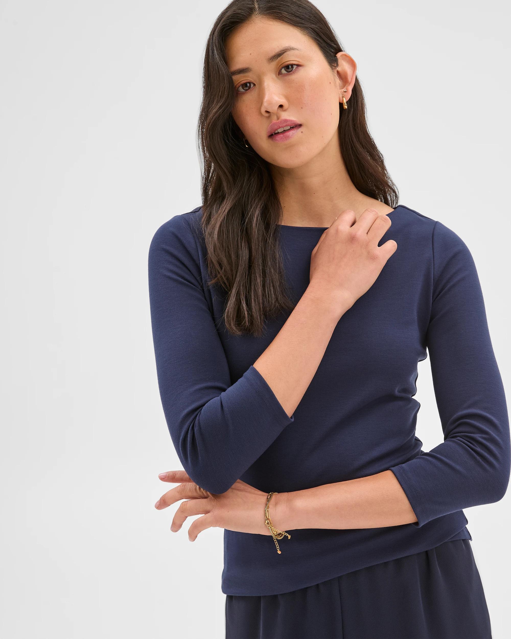 2 3/4 Sleeve Boat Neck Ponte Top - Preview NAVY BLUE, 2 of 5