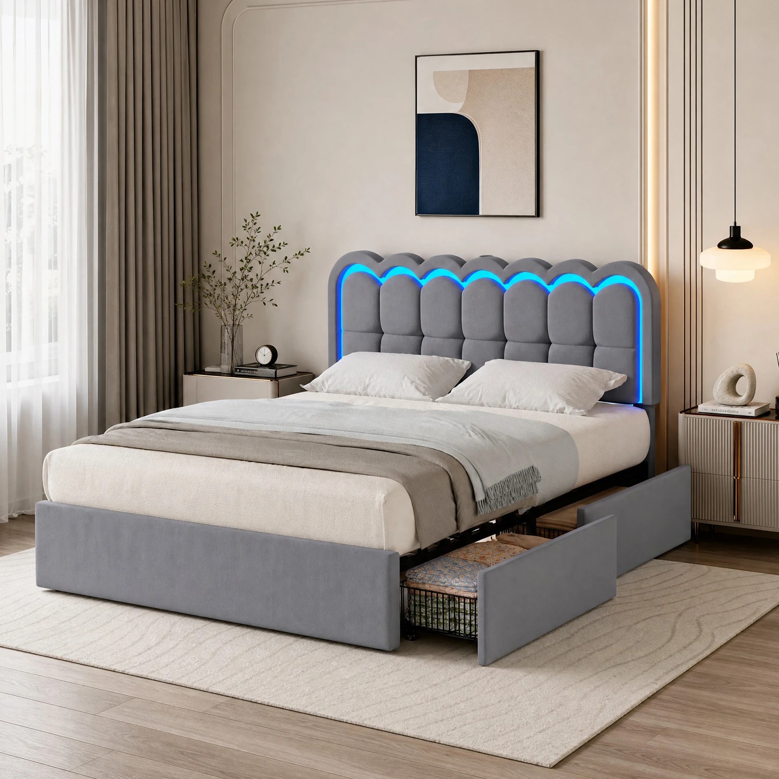 4 Advwin Queen Hidden Storage Bed Frame with Charging Station - Grey, 4 of 8