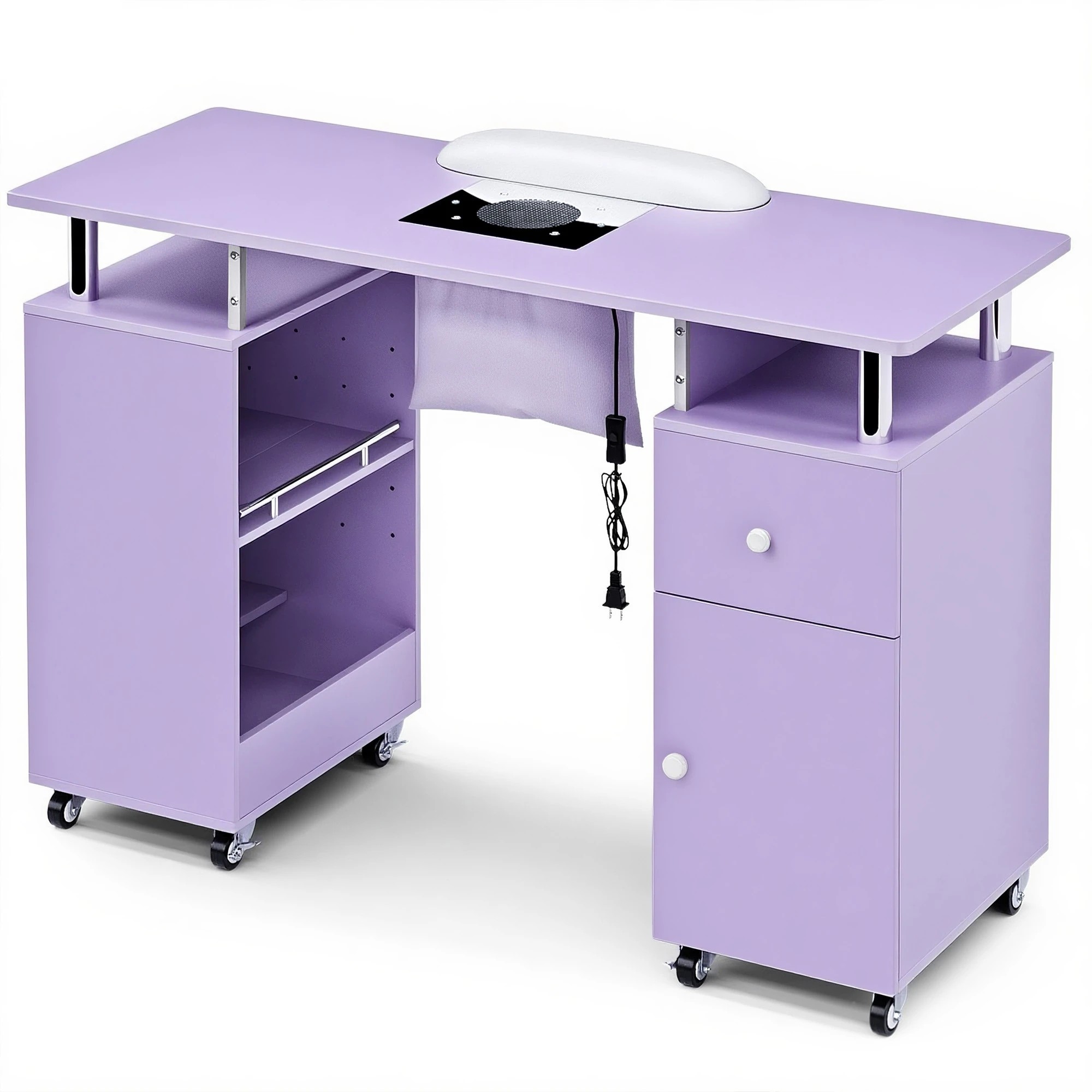 1 Advwin Manicure Table Vanity Desk for Nail Tech with Dust Collector Wrist Rest Lockable Wheels - Purple, 1 of 10