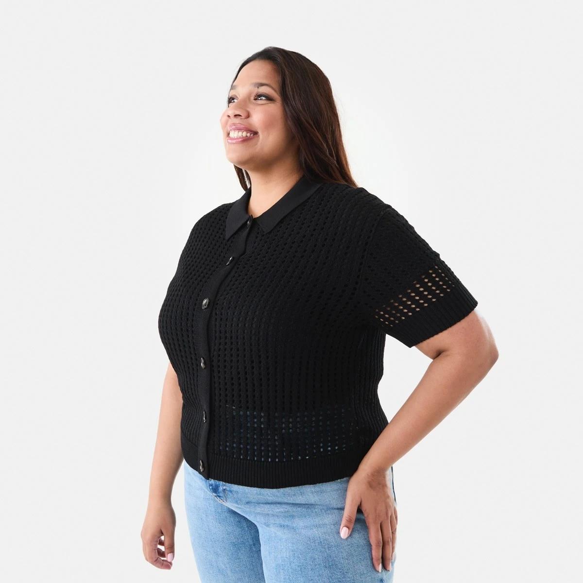 2 Curve Short Sleeve Collared Cardigan Black, 2 of 7