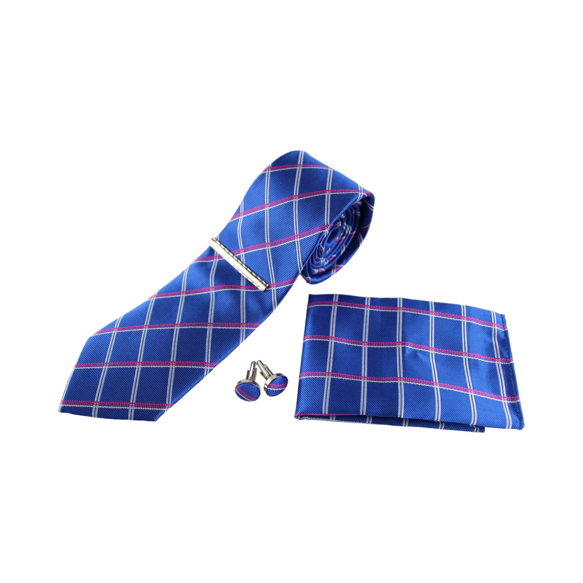 4 Zasel Mens Blue, Silver & Pink, Checkered Matching Neck Tie, Pocket Square, Cuff Links And Tie Clip Set - Multi - Multi, 4 of 4