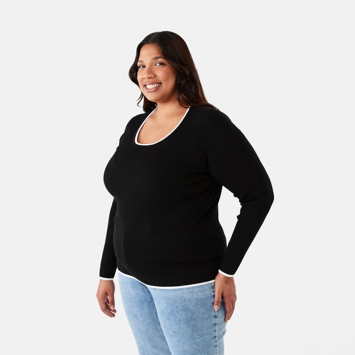 2 Curve Contrast Tipping Long Sleeve Top Black, 2 of 6