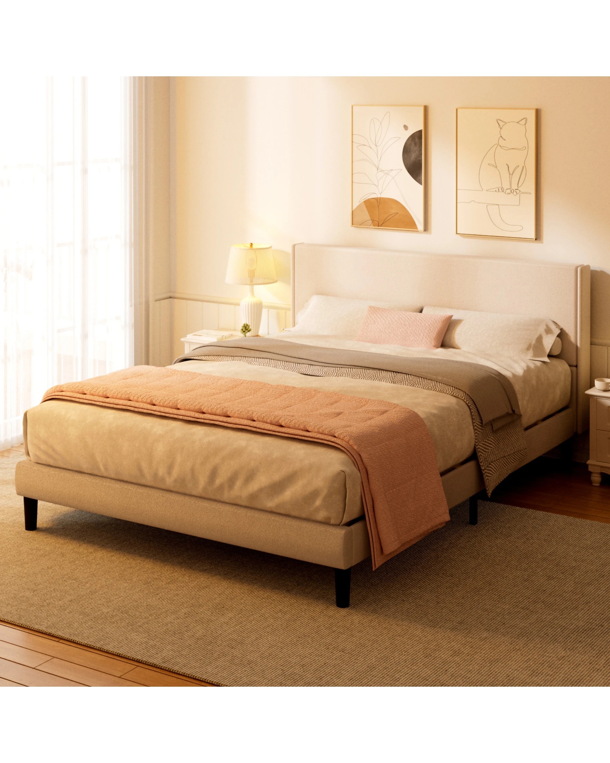 6 Advwin Bed Frame Double Size Mattress Base Upholstered Platform - Beige, 6 of 7