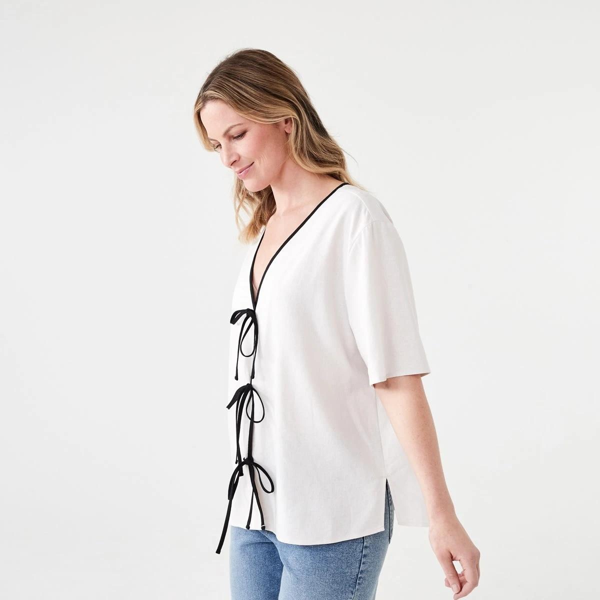 2 Short Sleeve Tie Front Top NATURAL BEIGE, 2 of 6