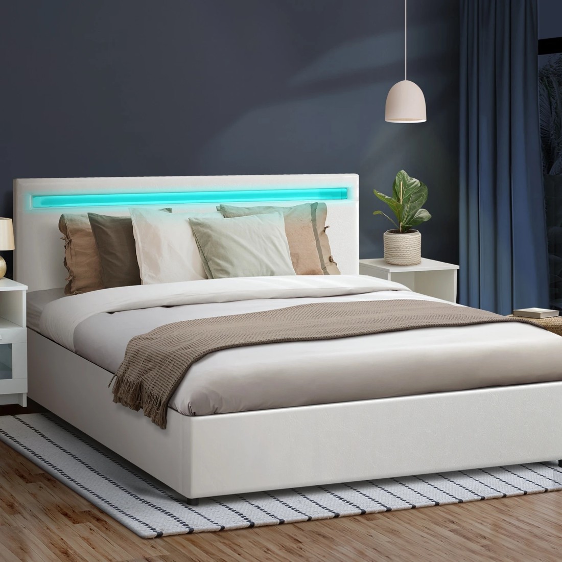 2 Oikiture Double Rgb Led Bed Frame Gas Lift Beds With Storage Base
 - White, 2 of 10