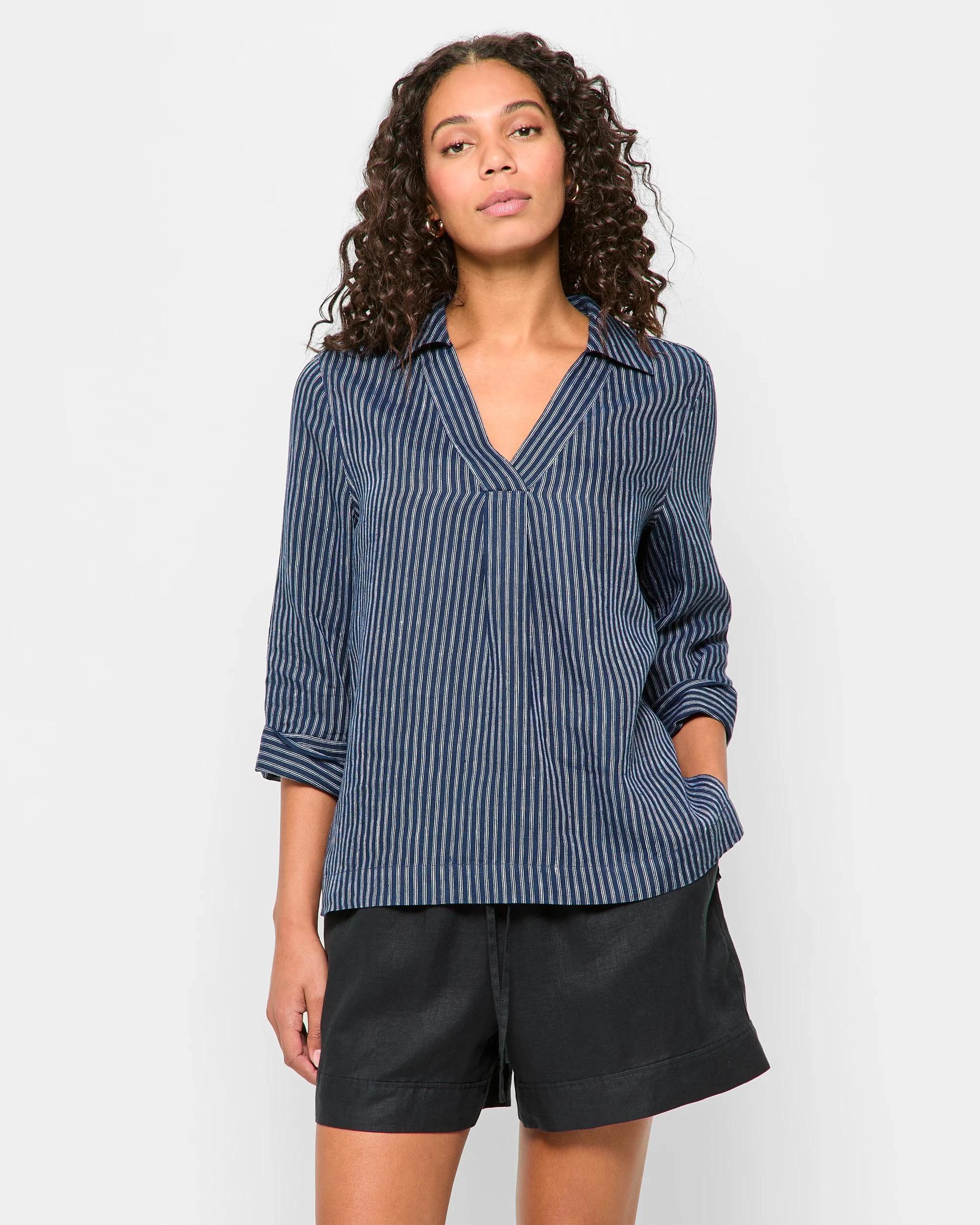 1 Target Woman European Linen 3/4 Sleeve Popover Shirt NAVY PINSTRIPE, 1 of 5