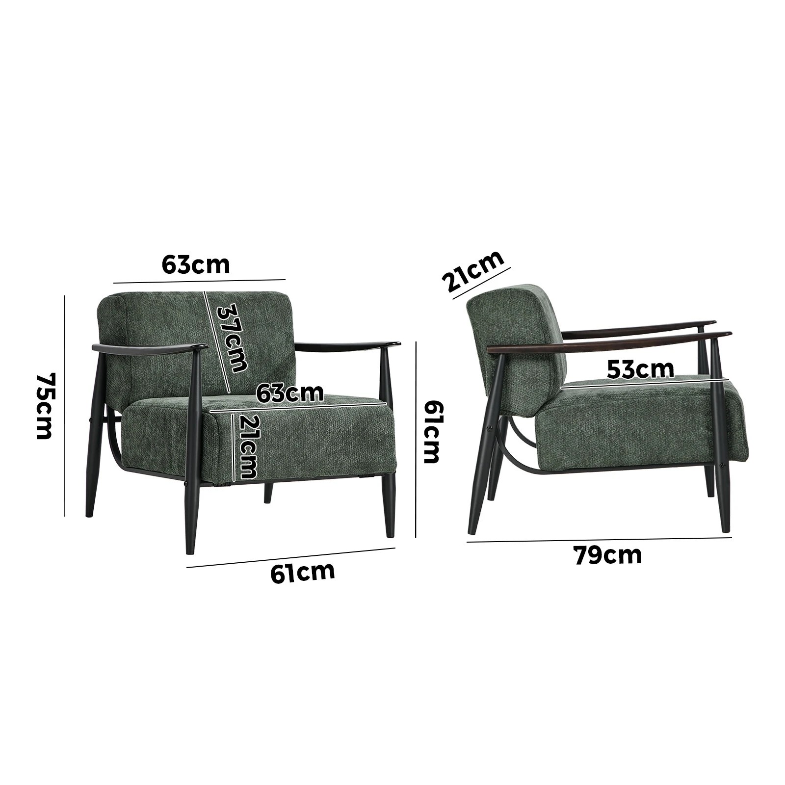 2 Oikiture Wooden Armchair Lounge Sofa Chair Fabric Accent Armchairs - Green, 2 of 10