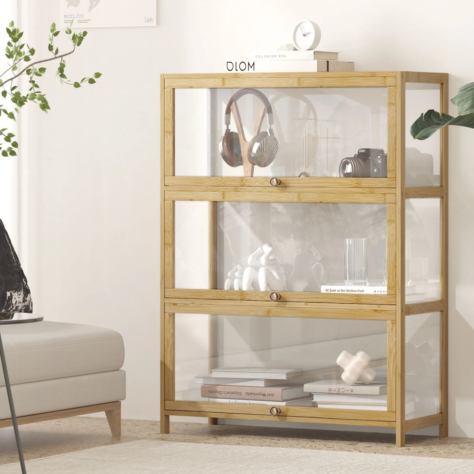 2 Oikiture Display Cabinet Storage 3-tier Shelves Clear Bookcase Stand Rack
 - Natural, 2 of 9