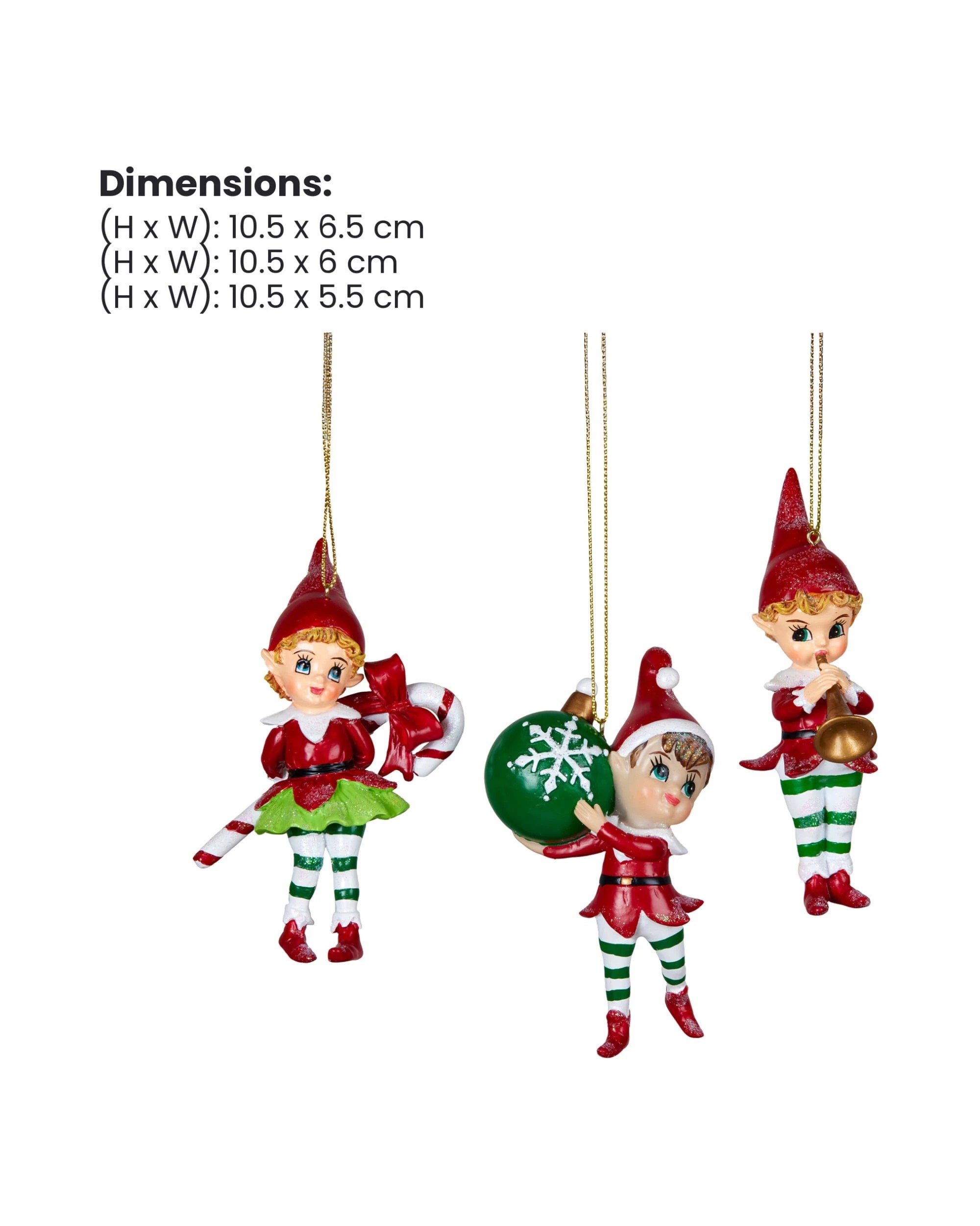 2 Christabelle 3 Elf Christmas Ornaments Assorted Character Figures 10.5cm Xmas Tree Decorations Hanging Baubles - Red, 2 of 5