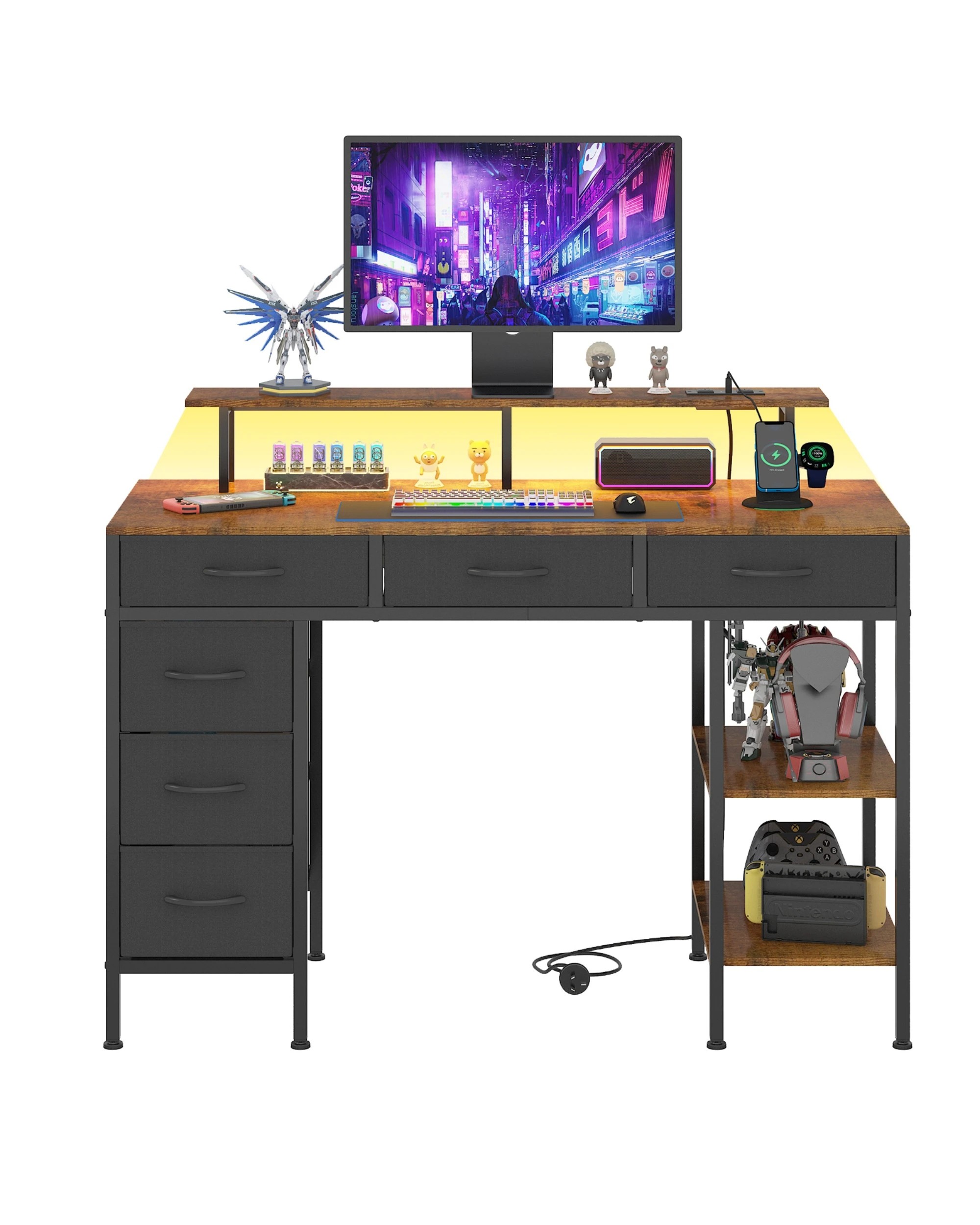 8 Advwin Gaming Desk with LED Lights & Power Outlets, 120cm Computer Desk with 6 Fabric Drawers, 8 of 9