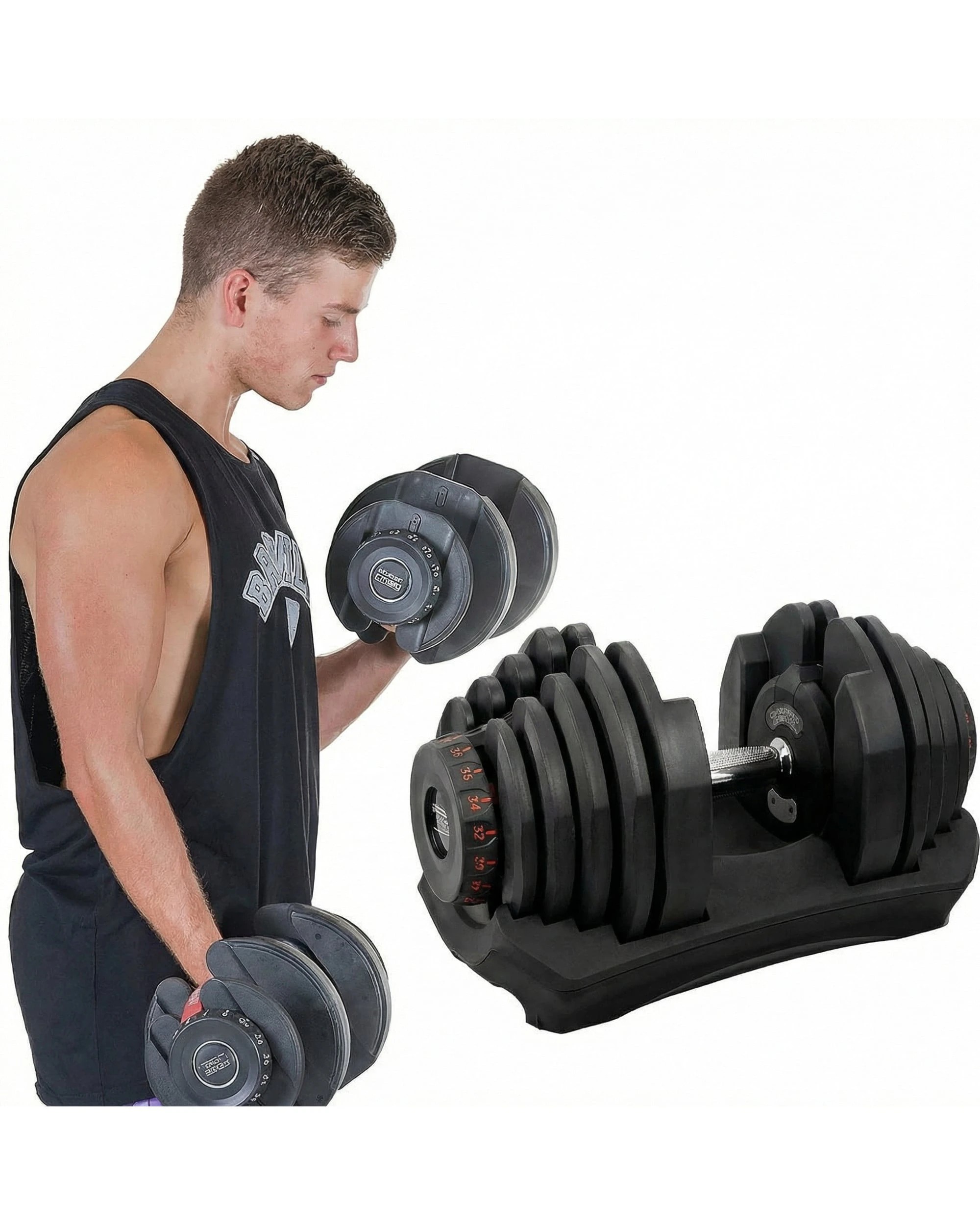 2 Powertrain 80kg Adjustable Dumbbells and Stand Home Gym and Bench - Black, 2 of 9