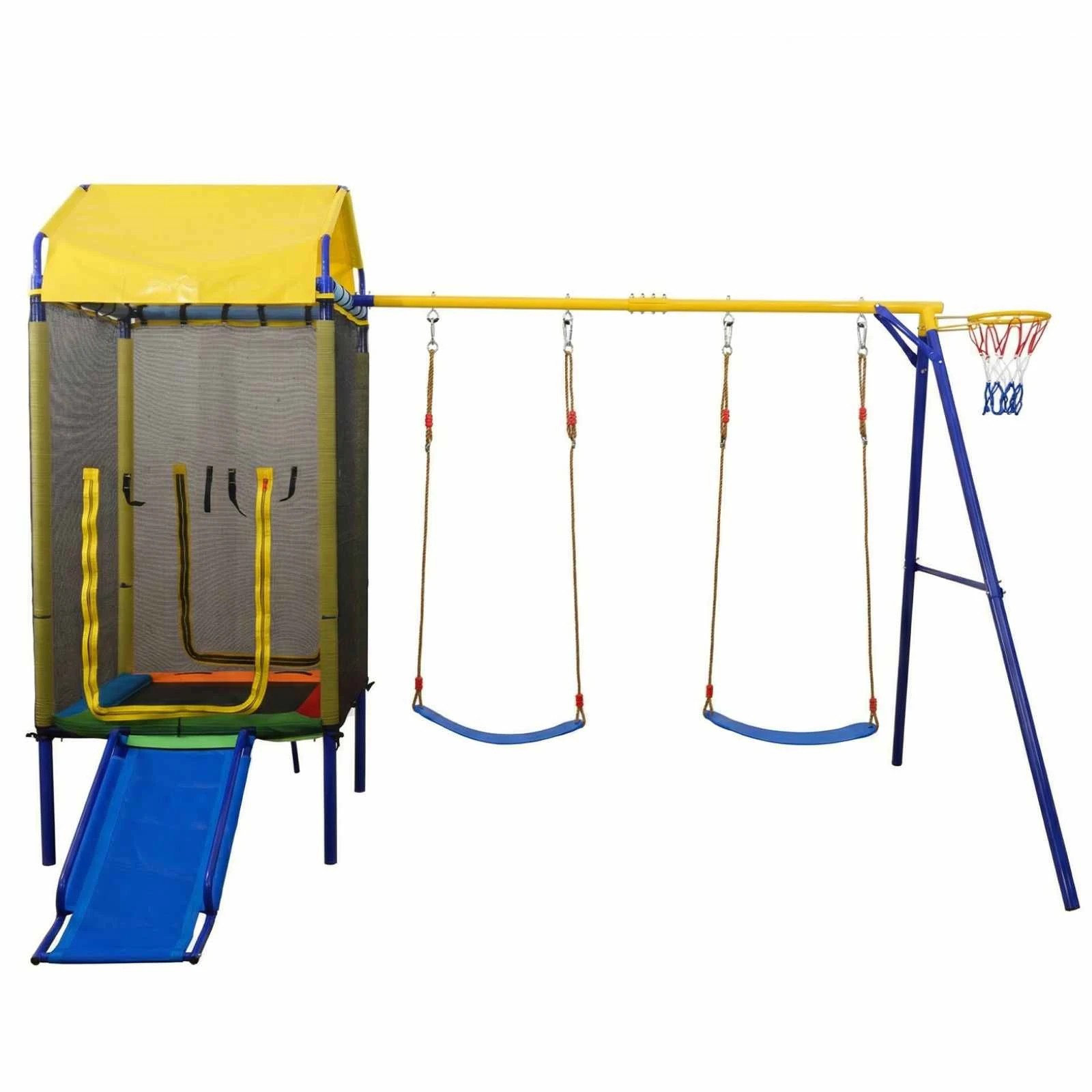 1 Costway 5in1 Swing Set w/Trampoline Metal Outdoor Playset - Yellow, 1 of 2