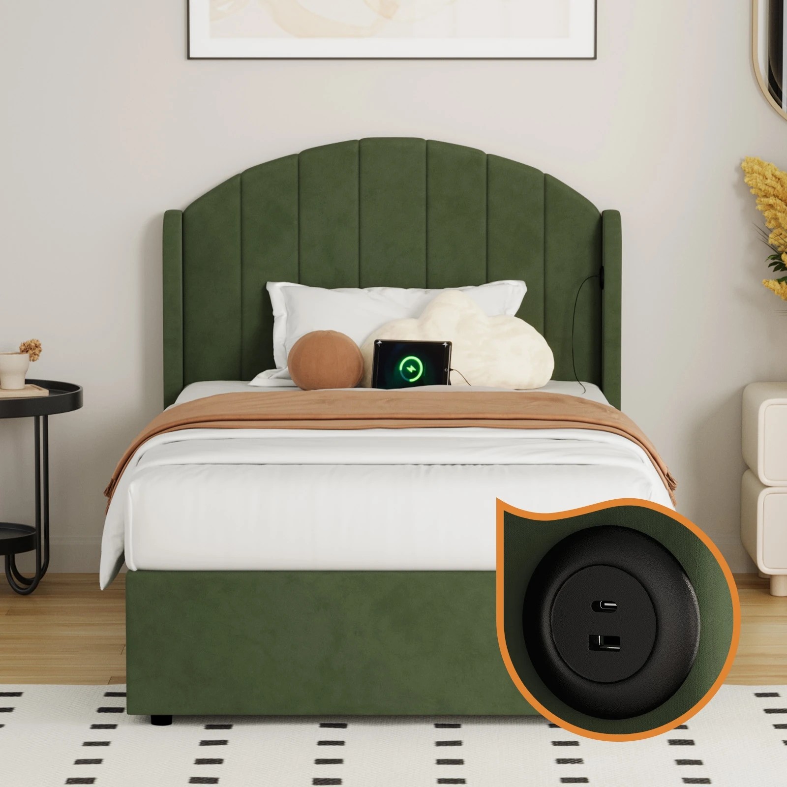 5 Oikiture Bed Frame King Single Size With Gas Lift Storage USB Charging Velvet - Green, 5 of 8