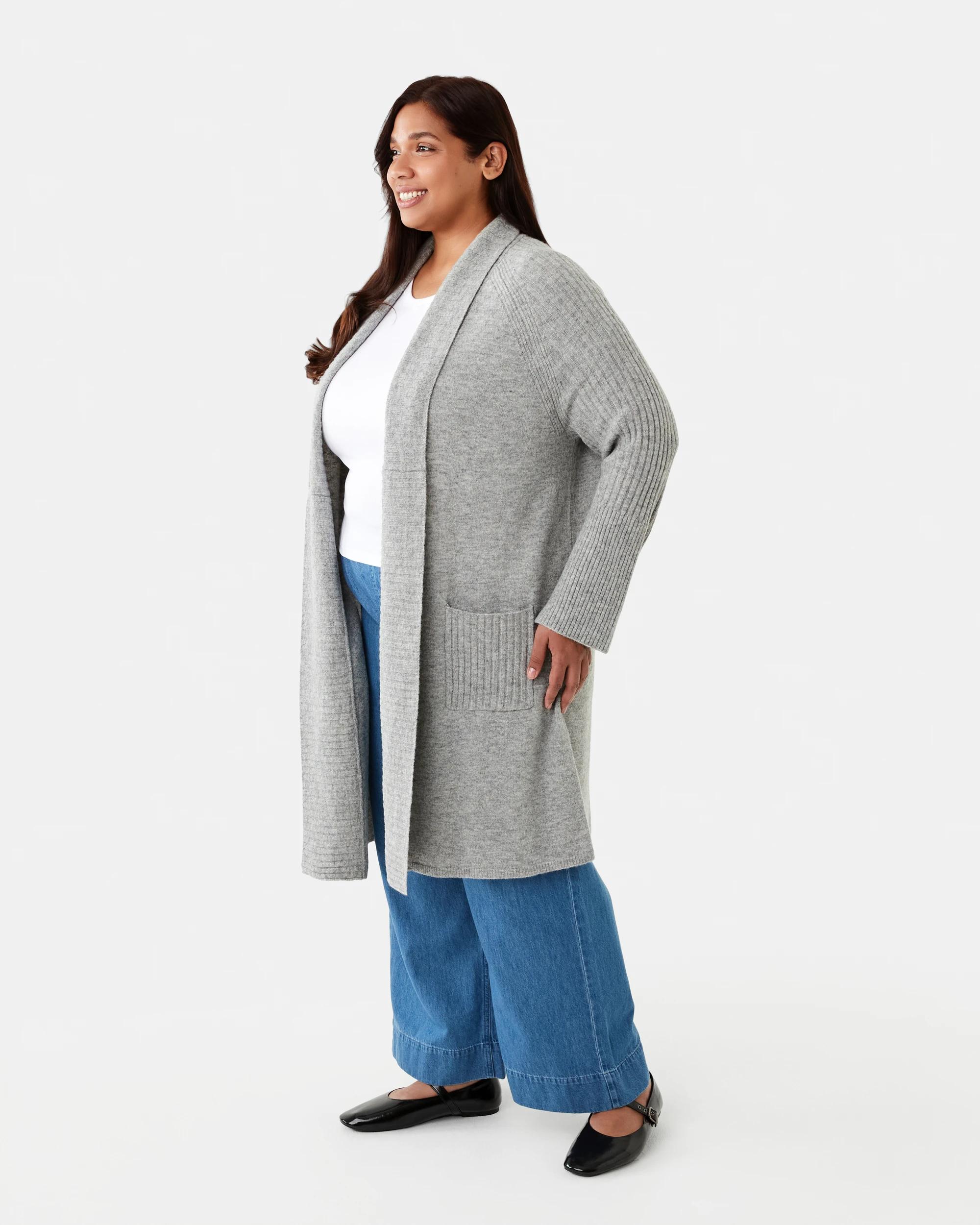 2 Curve Longline Rib Cardigan Grey Marle, 2 of 7
