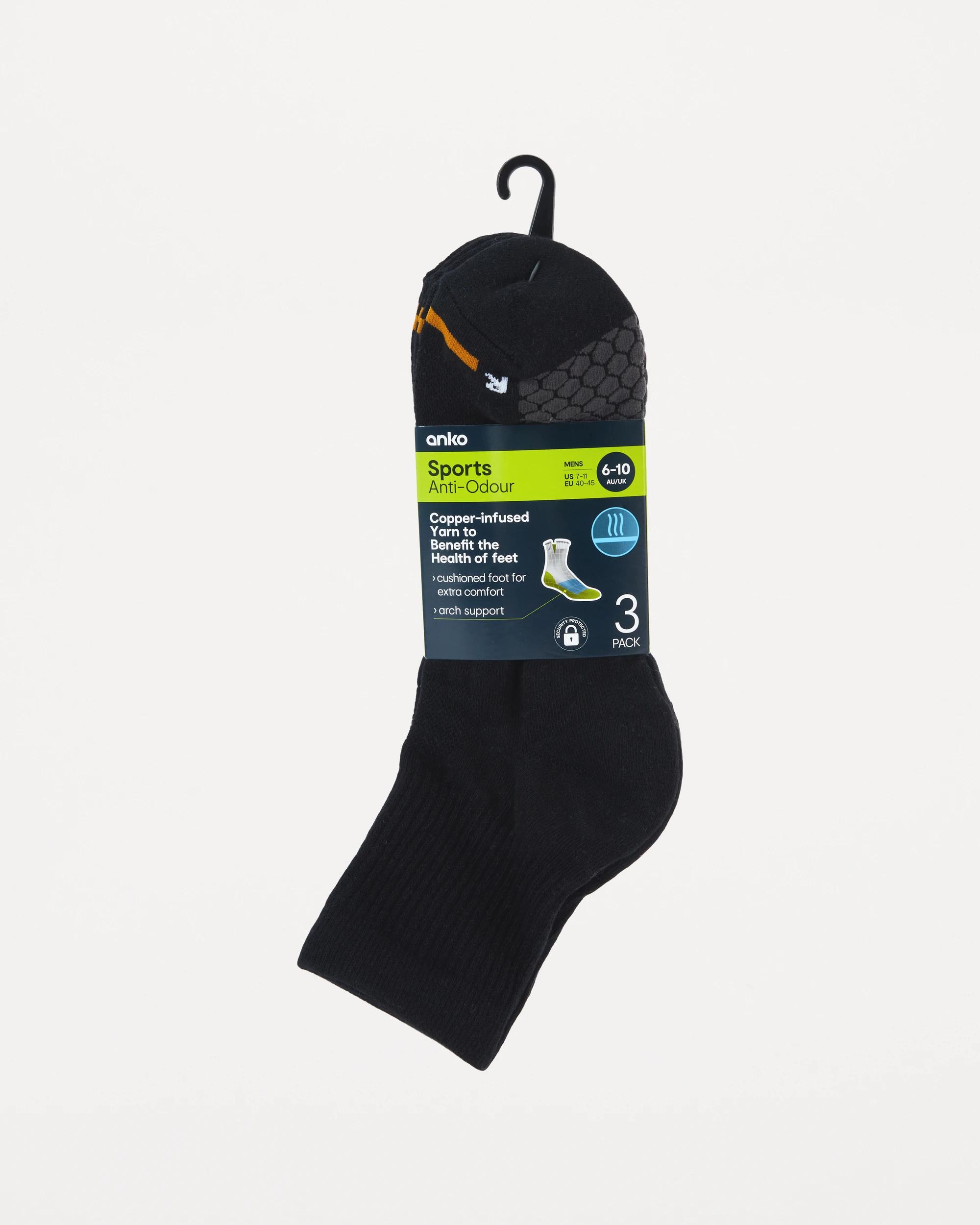 3 3 Pack Anti Odour Sports Quarter Crew Socks Black, 3 of 3