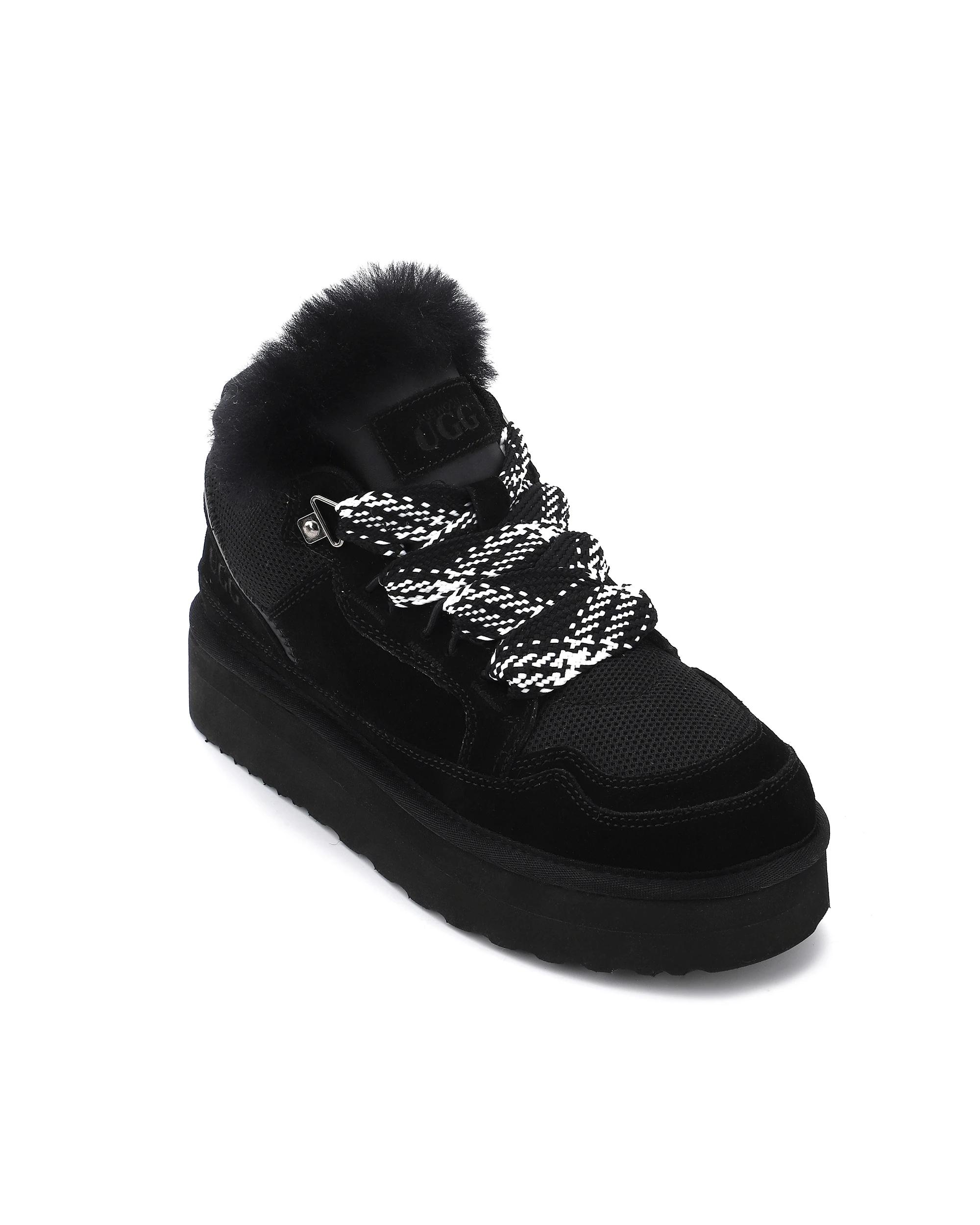 1 AUS WOOLI Urban Chic Sheepskin Wool Lace-Up UGG Sneakers BLACK, 1 of 6