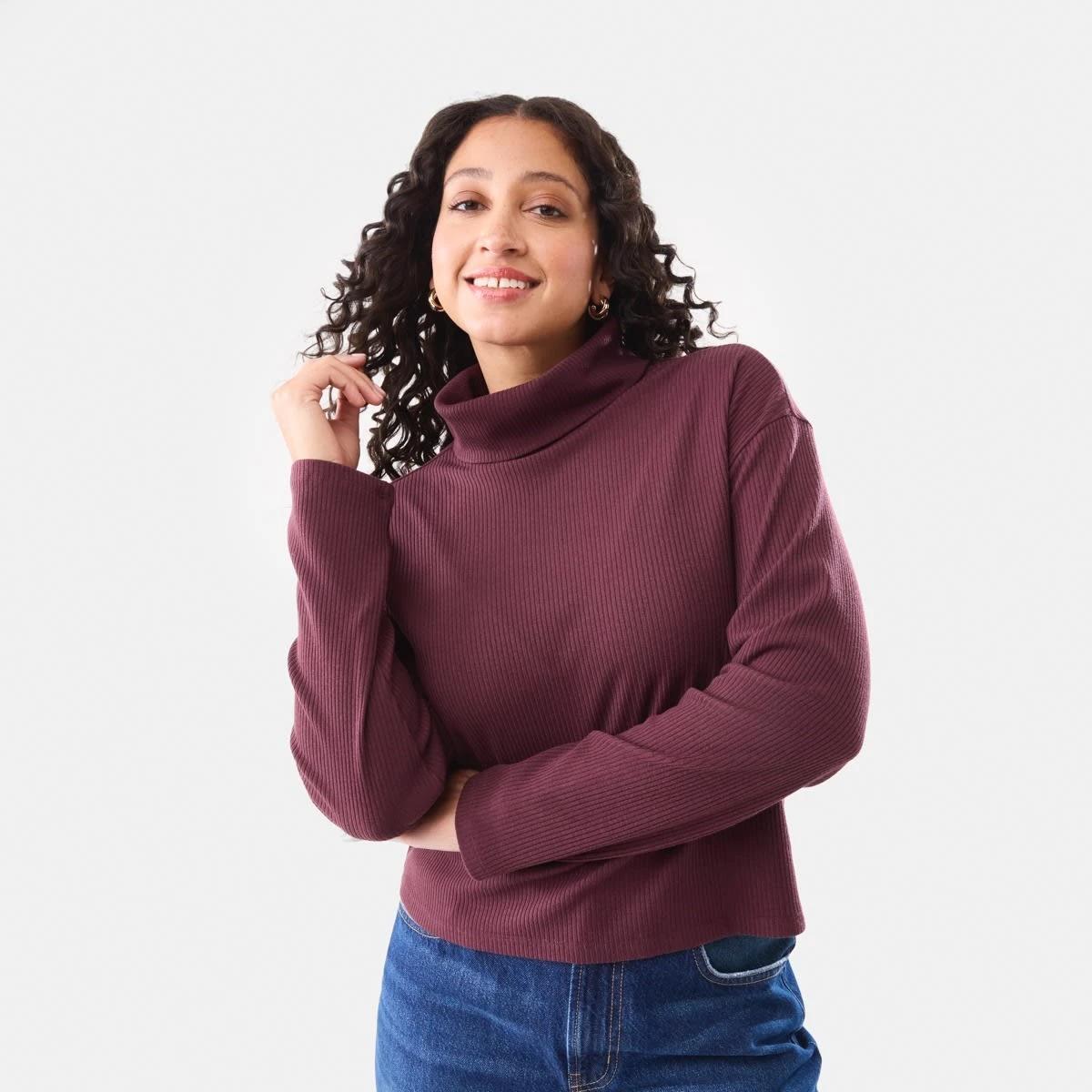 1 Long Sleeve Rib Turtleneck Top Mulberry, 1 of 7
