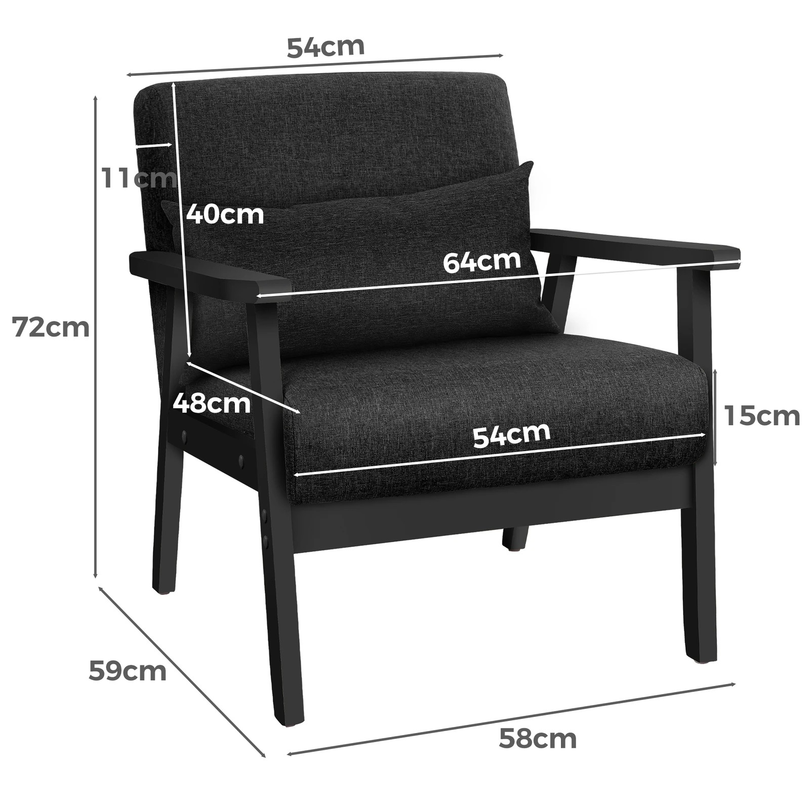 6 Alfordson Armchair Lounge Chair Accent Chair Cushion Sofa Couch Fabric - Black, 6 of 9
